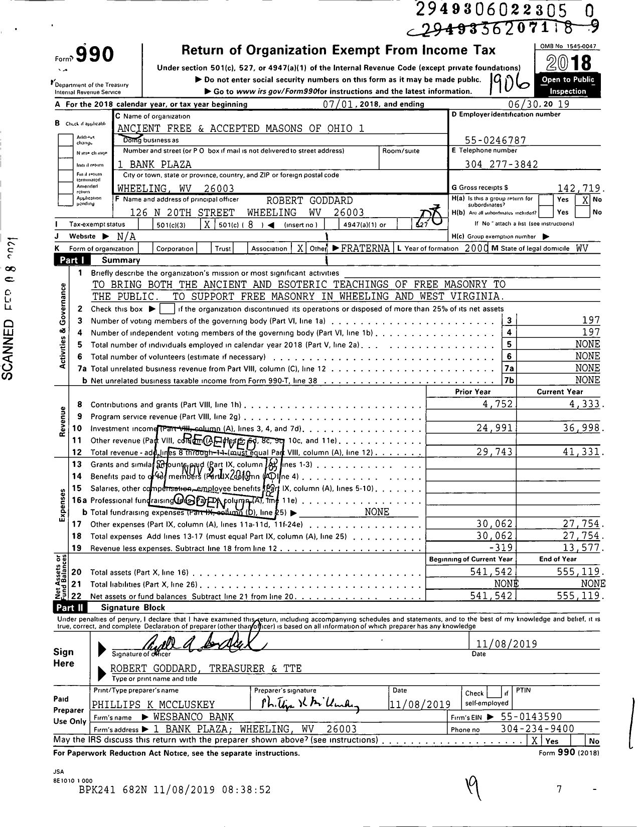 Image of first page of 2018 Form 990O for Ancient Free and Accepted Masons of West Virginia - 1 Ohio