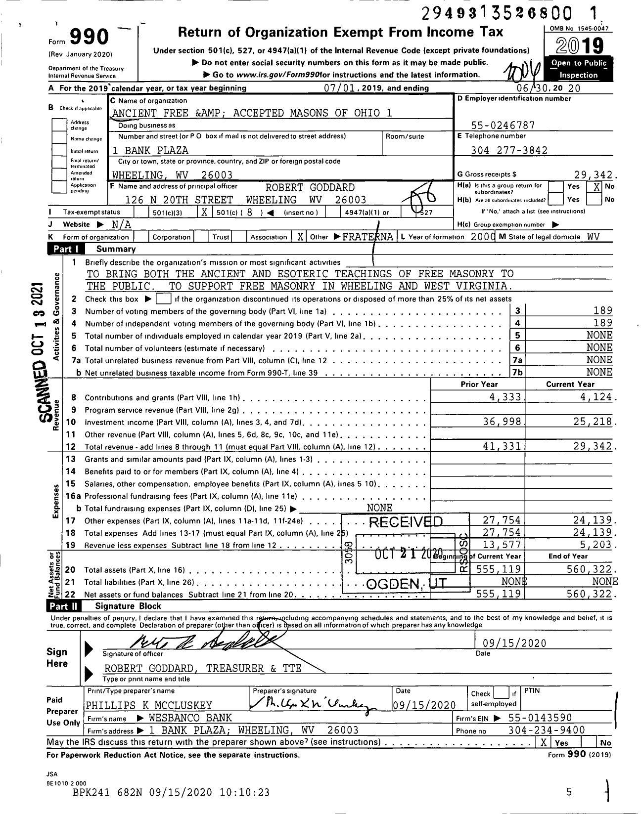Image of first page of 2019 Form 990O for Ancient Free and Accepted Masons of West Virginia - 1 Ohio