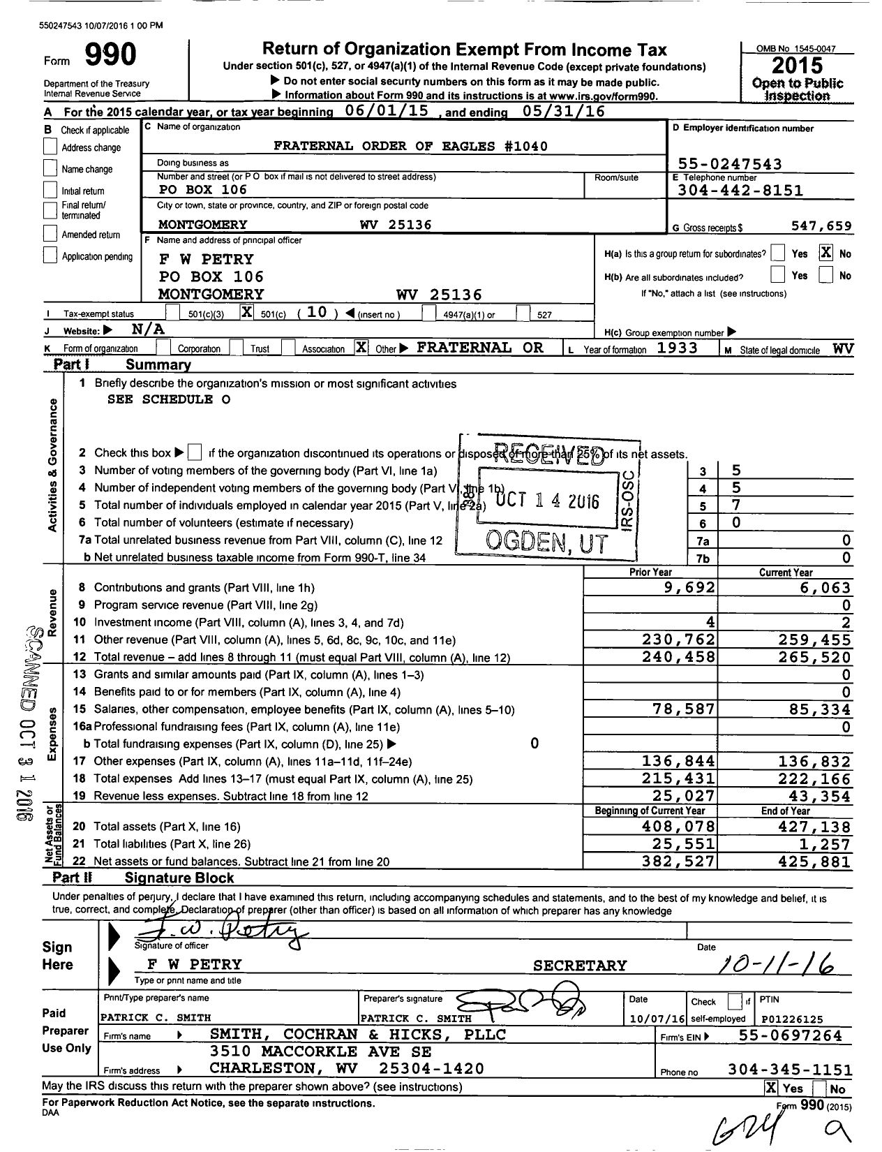 Image of first page of 2015 Form 990O for Fraternal Order of Eagles 1040