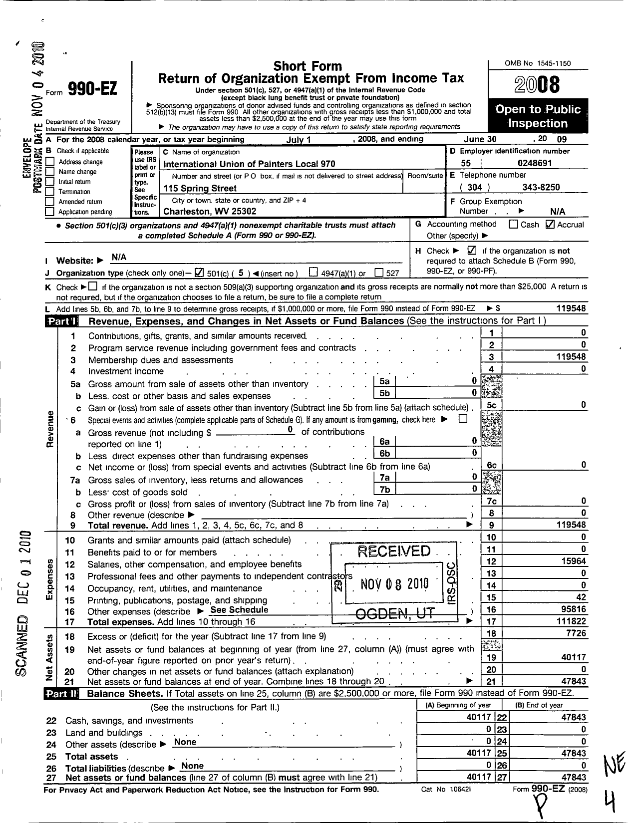 Image of first page of 2008 Form 990EO for International Union of Painters and Allied Trades - 970 Painters Local Union