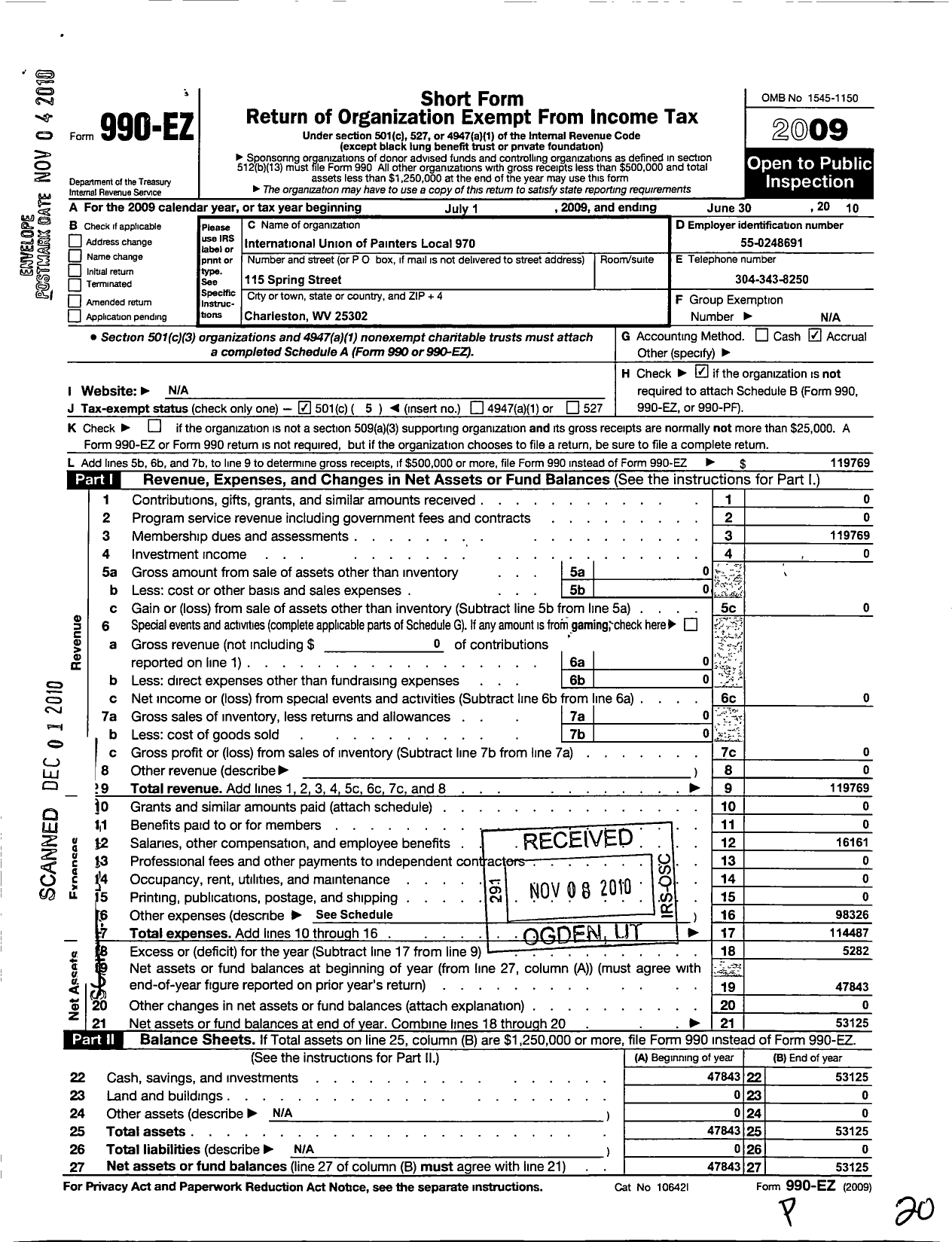 Image of first page of 2009 Form 990EO for International Union of Painters and Allied Trades - 970 Painters Local Union