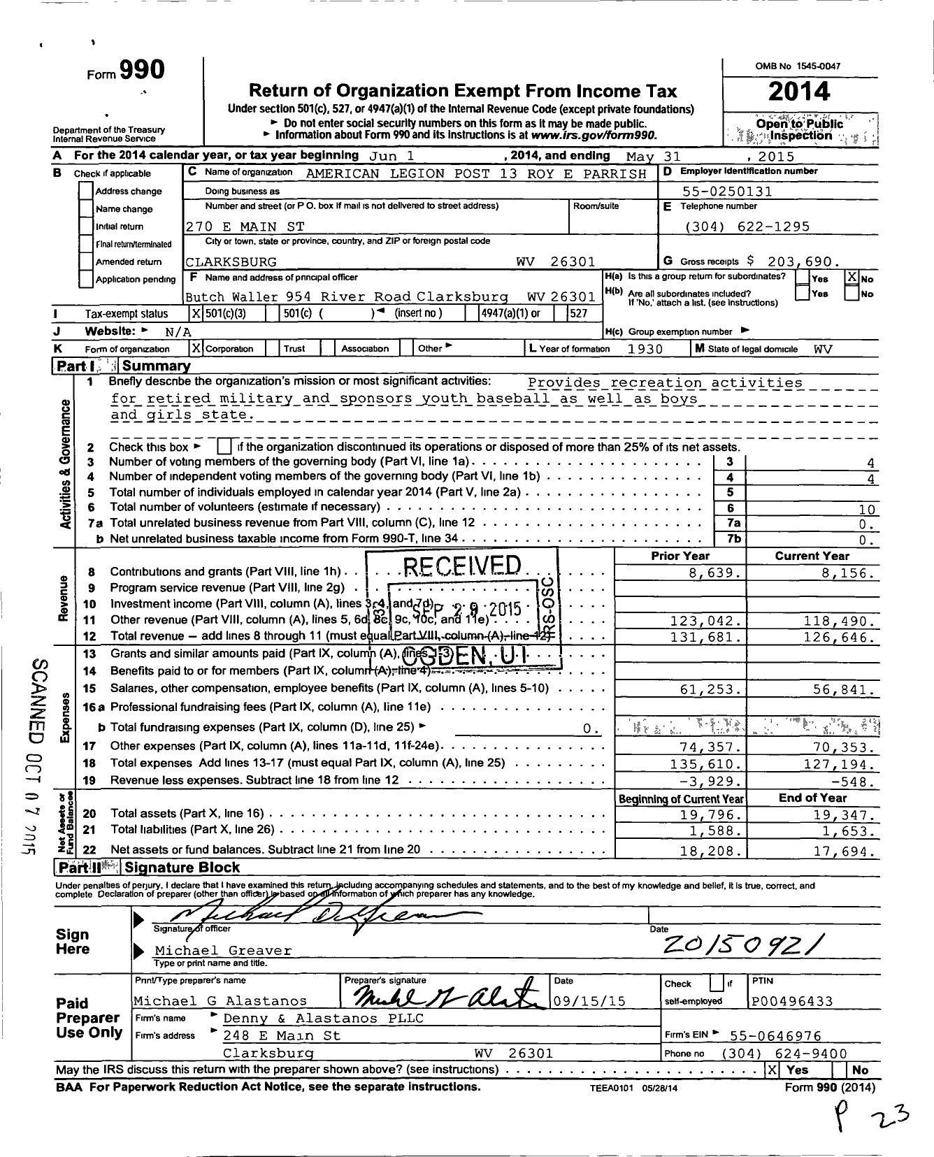 Image of first page of 2014 Form 990 for The American Legion Roy E Parrish Post 13