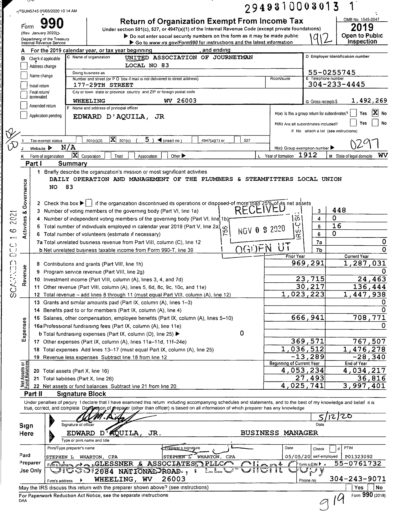 Image of first page of 2019 Form 990O for United Association of Journeymen Local No 83