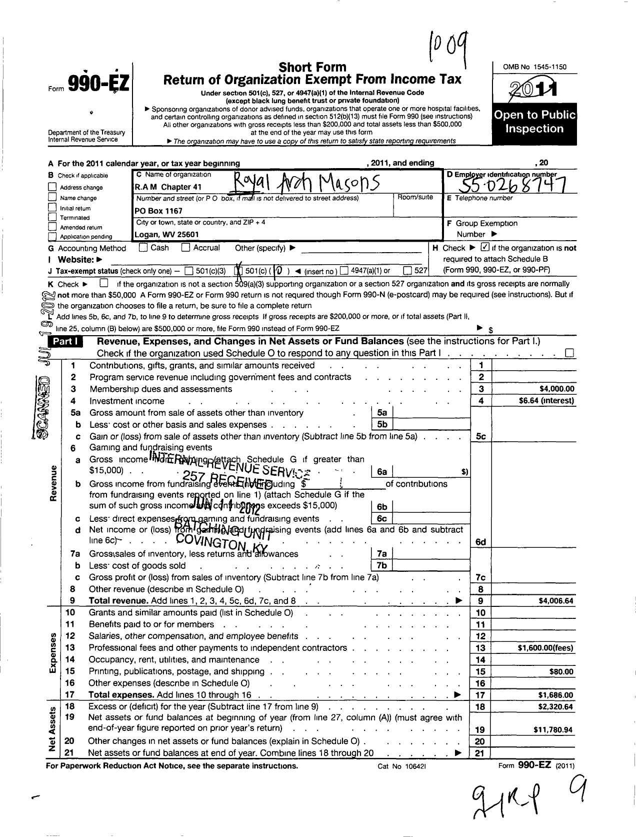 Image of first page of 2009 Form 990EO for Royal Arch Masons of West Virginia - 41 Logan Chapter