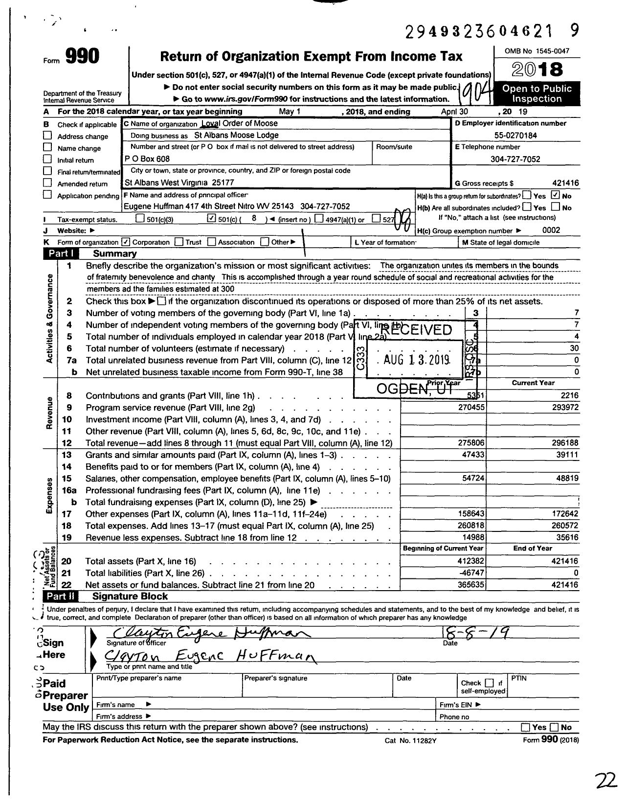 Image of first page of 2018 Form 990O for Loyal Order of Moose