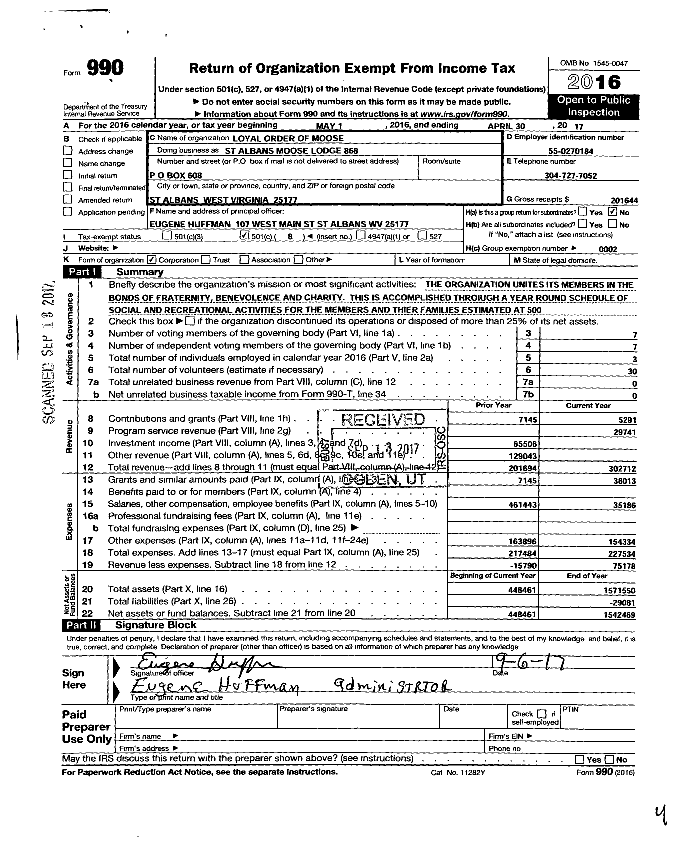 Image of first page of 2016 Form 990O for Loyal Order of Moose