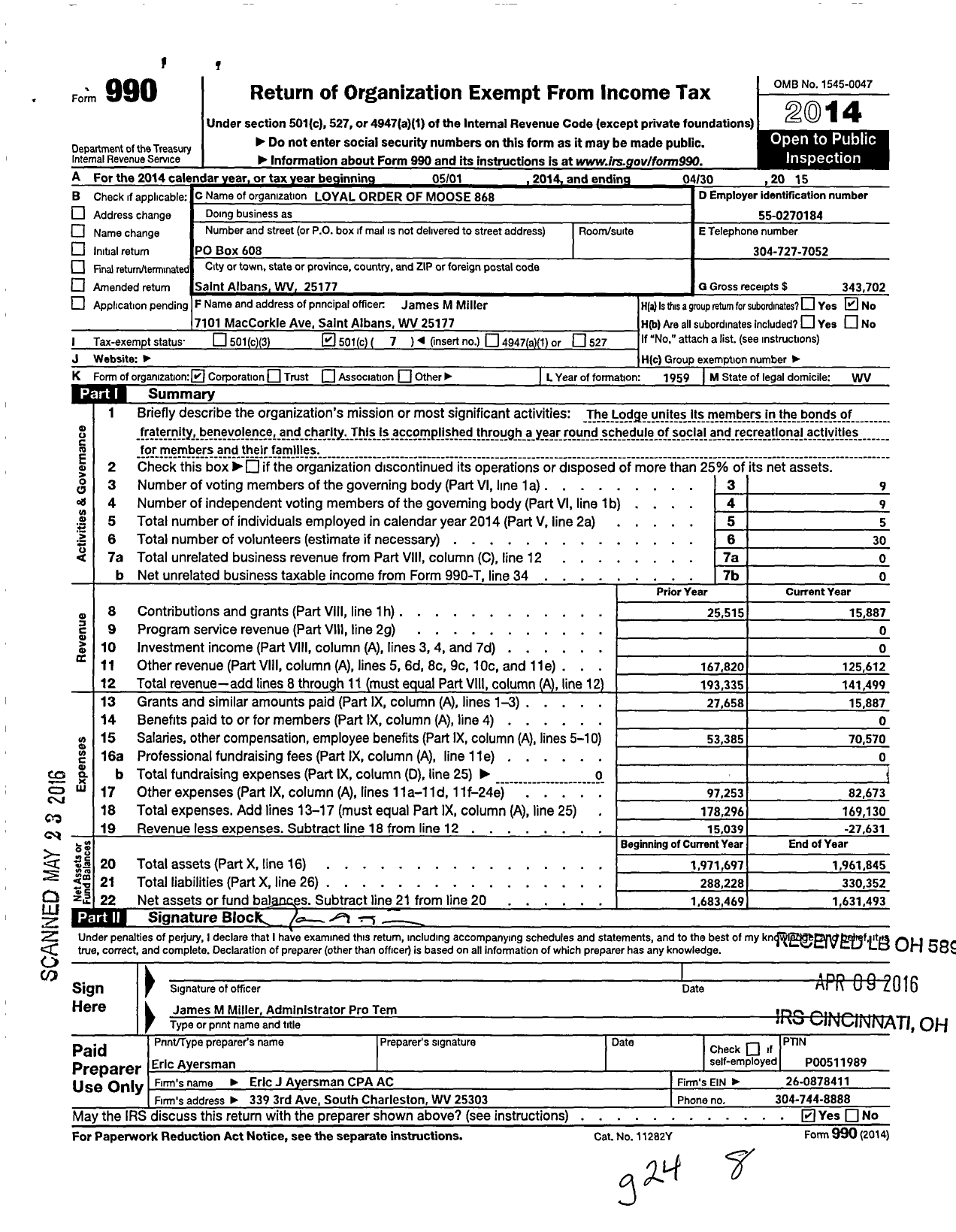 Image of first page of 2014 Form 990O for Loyal Order of Moose