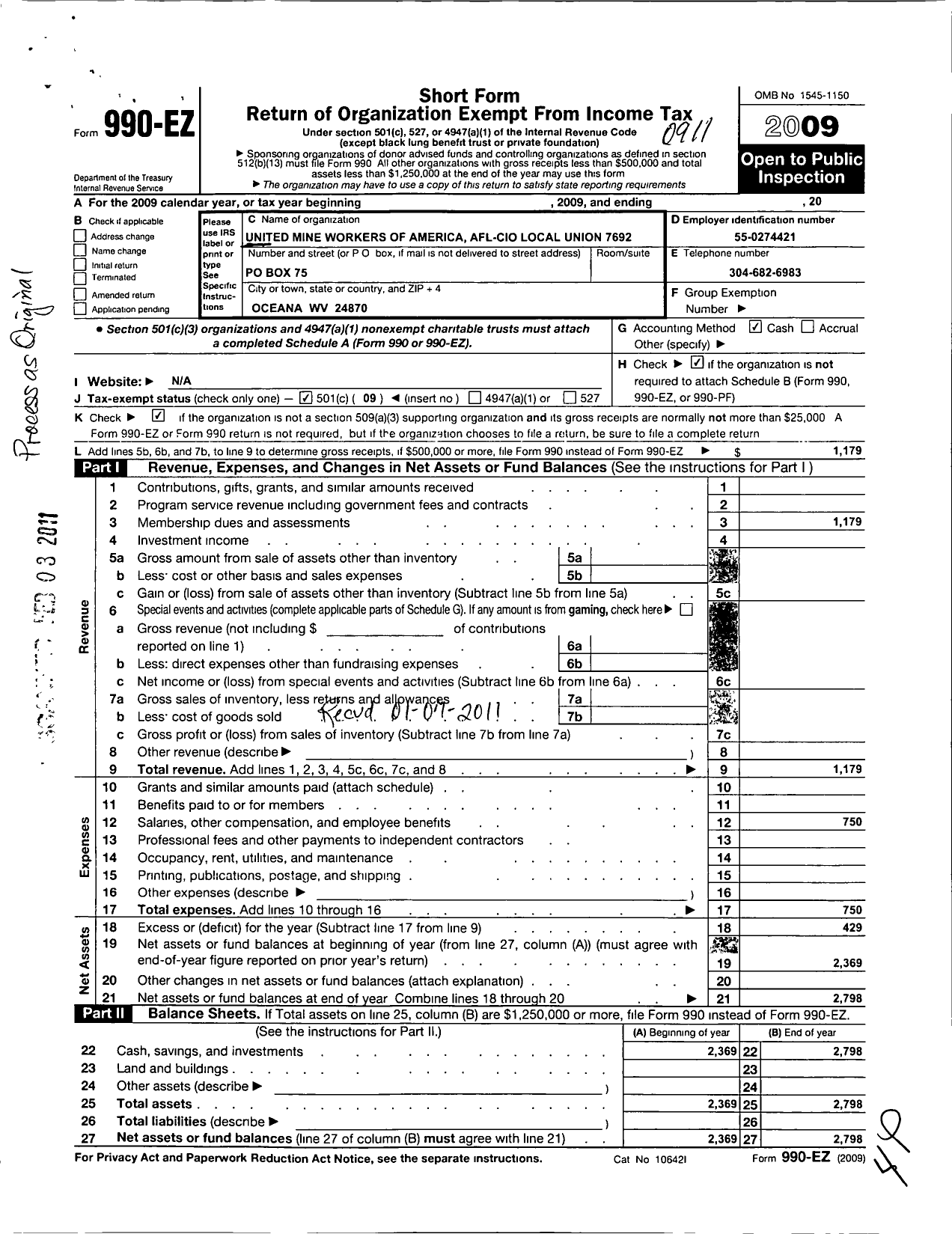 Image of first page of 2009 Form 990EO for United Mine Workers of America International - 7692 Umw-17