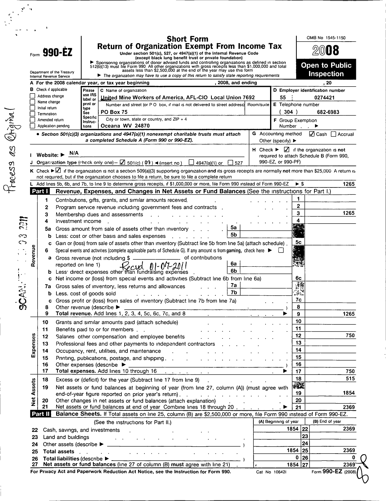 Image of first page of 2008 Form 990EO for United Mine Workers of America International - 7692 Umw-17