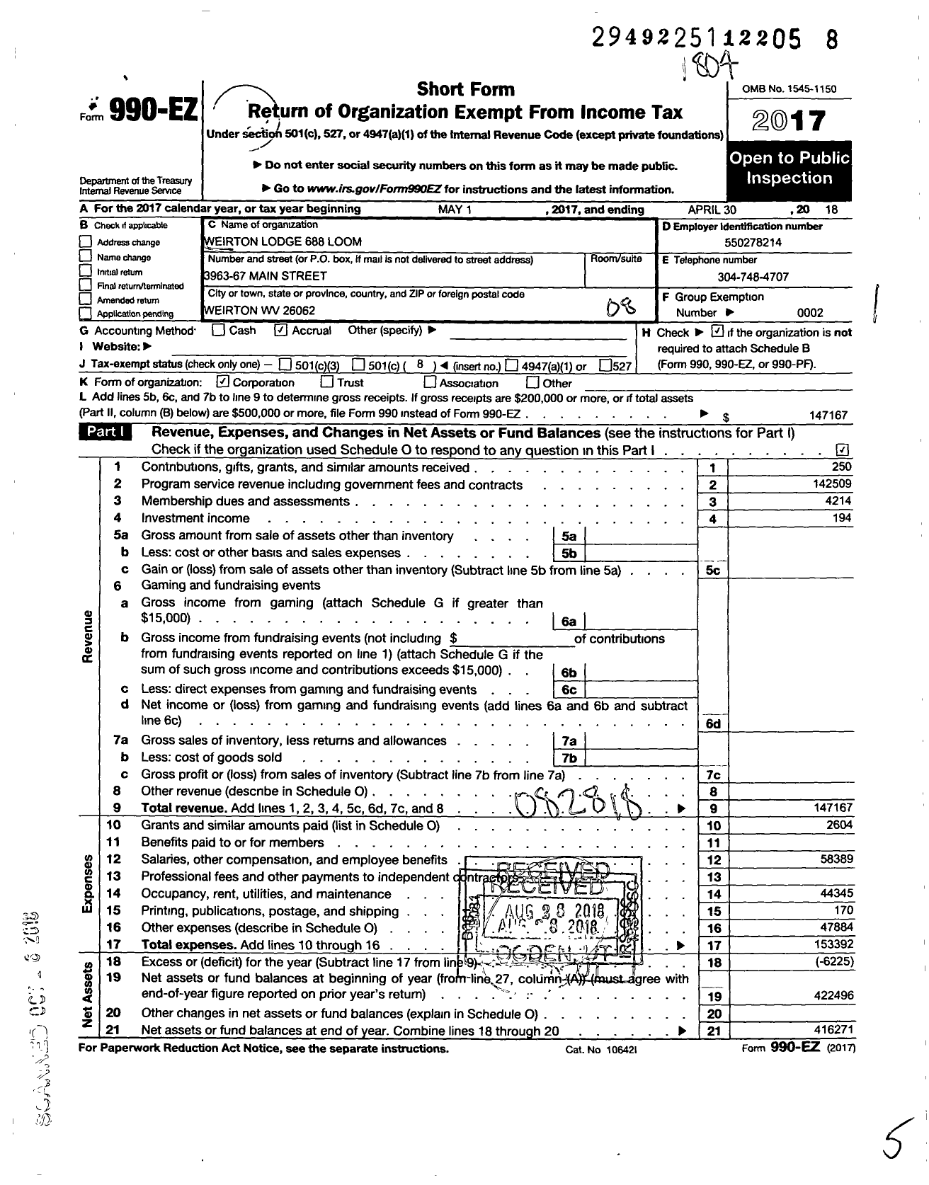 Image of first page of 2017 Form 990EO for Loyal Order of Moose - 688