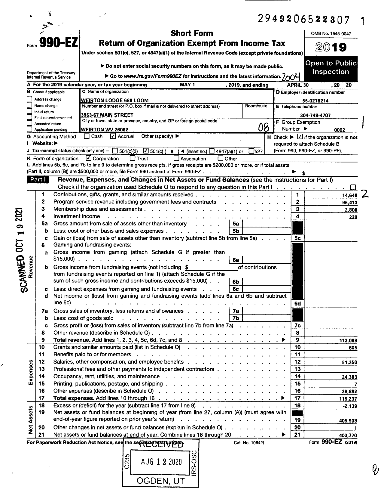 Image of first page of 2019 Form 990EO for Loyal Order of Moose - 688