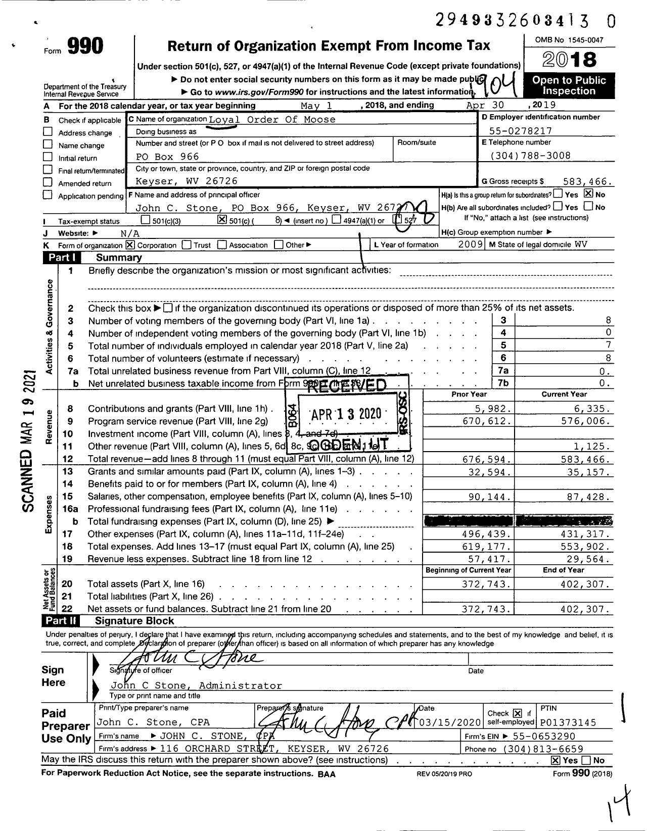 Image of first page of 2018 Form 990O for Loyal Order of Moose - 662