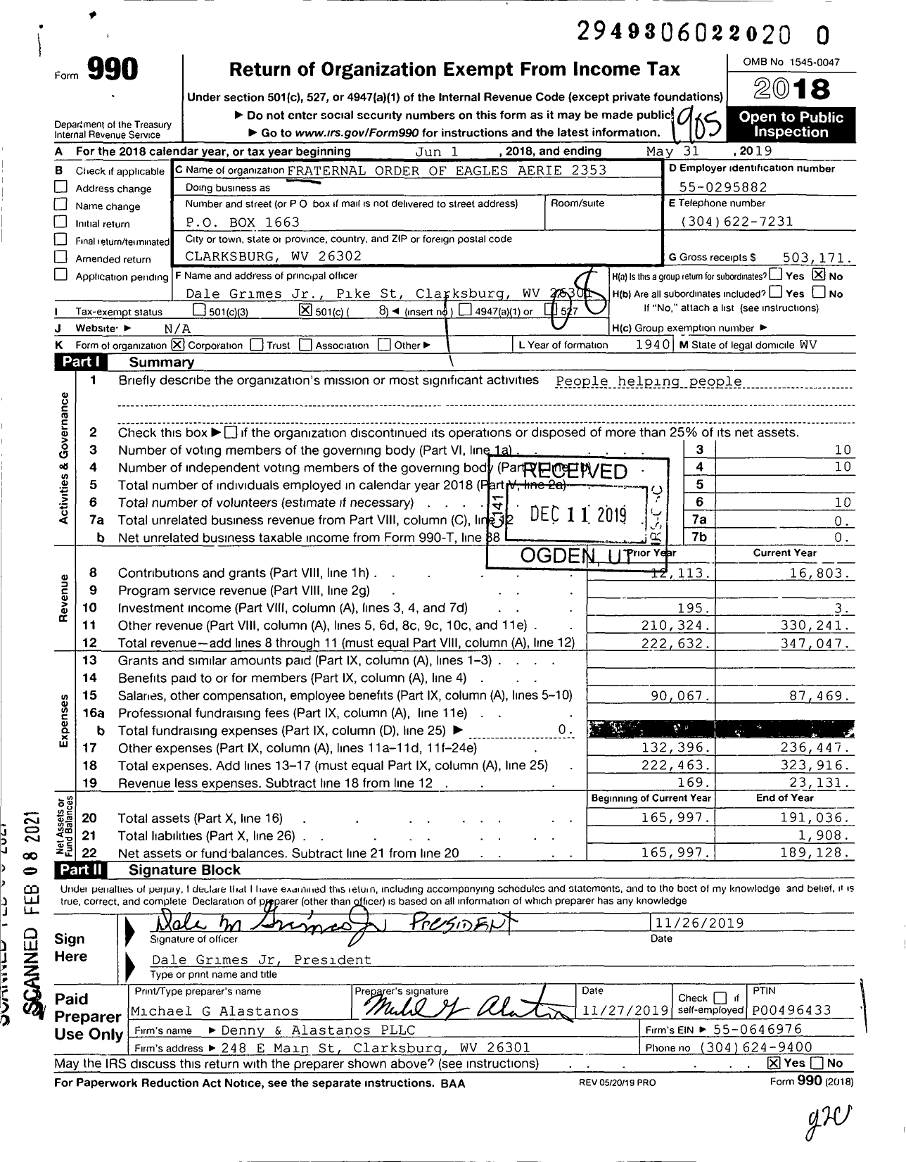 Image of first page of 2018 Form 990O for Fraternal Order of Eagles - 2353 Aerie