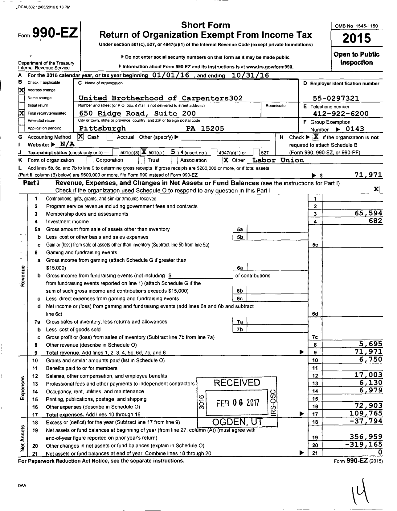 Image of first page of 2015 Form 990EO for United Brotherhood of Carpenters & Joiners - 302 BCJ