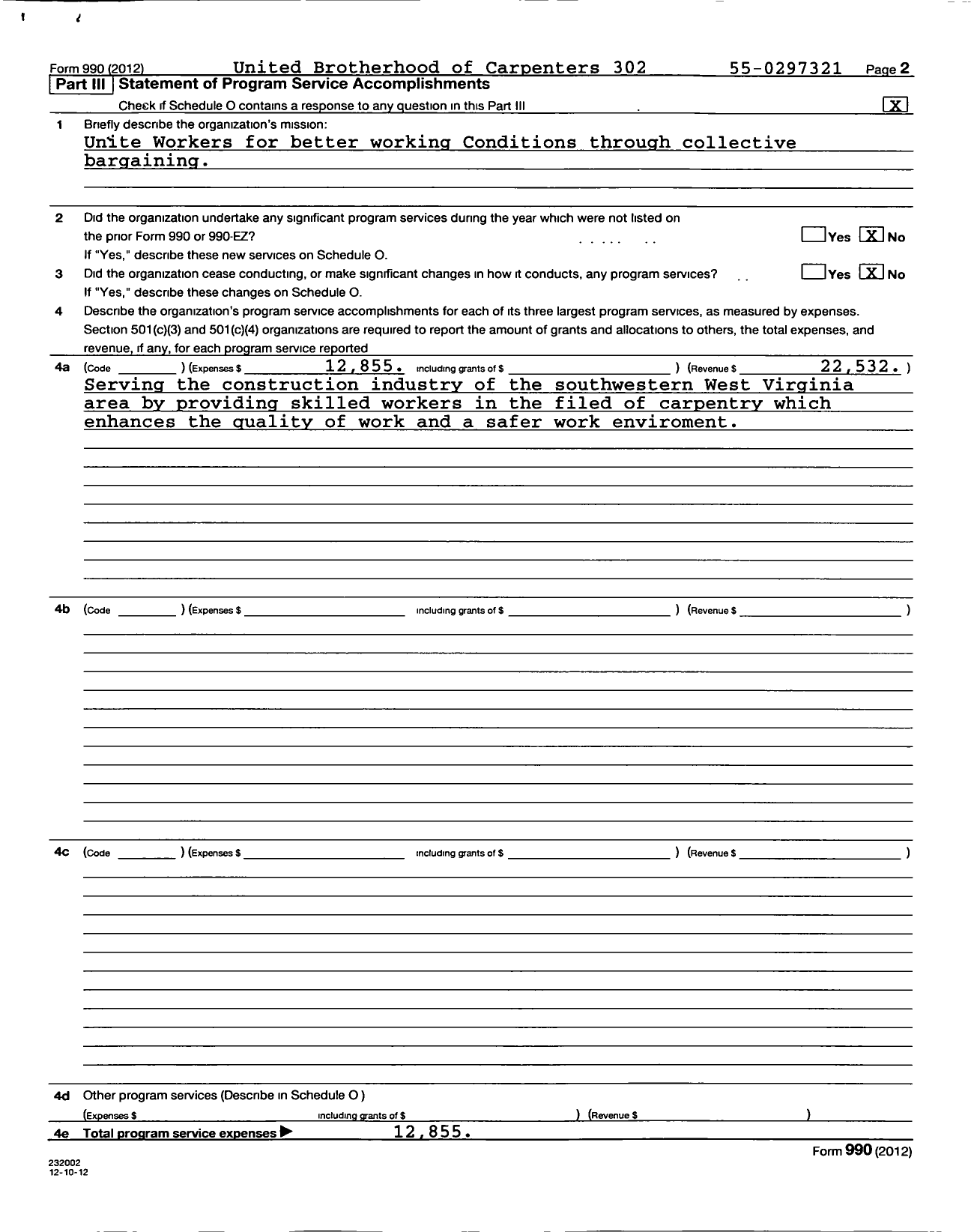 Image of first page of 2012 Form 990O for United Brotherhood of Carpenters & Joiners - 302 BCJ