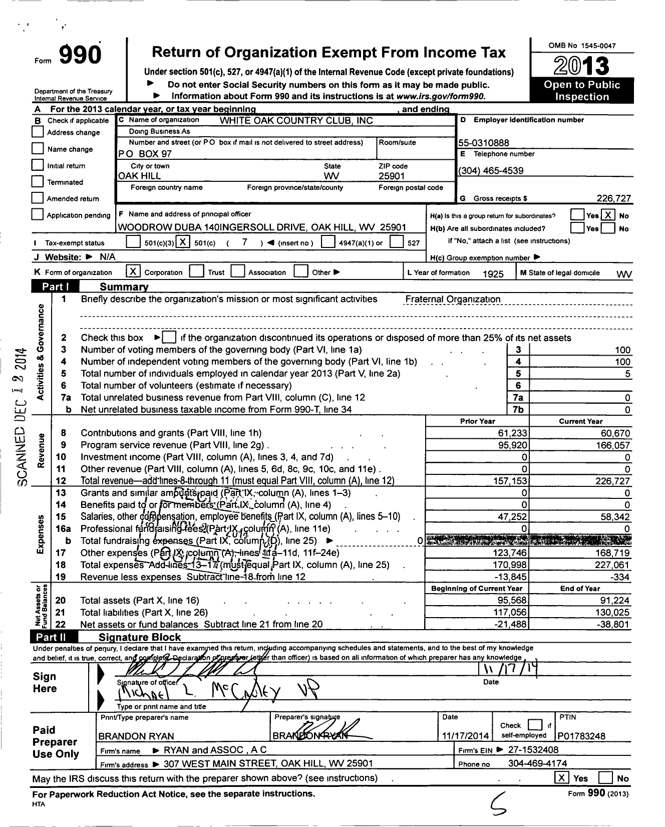 Image of first page of 2013 Form 990O for White Oak Country Club