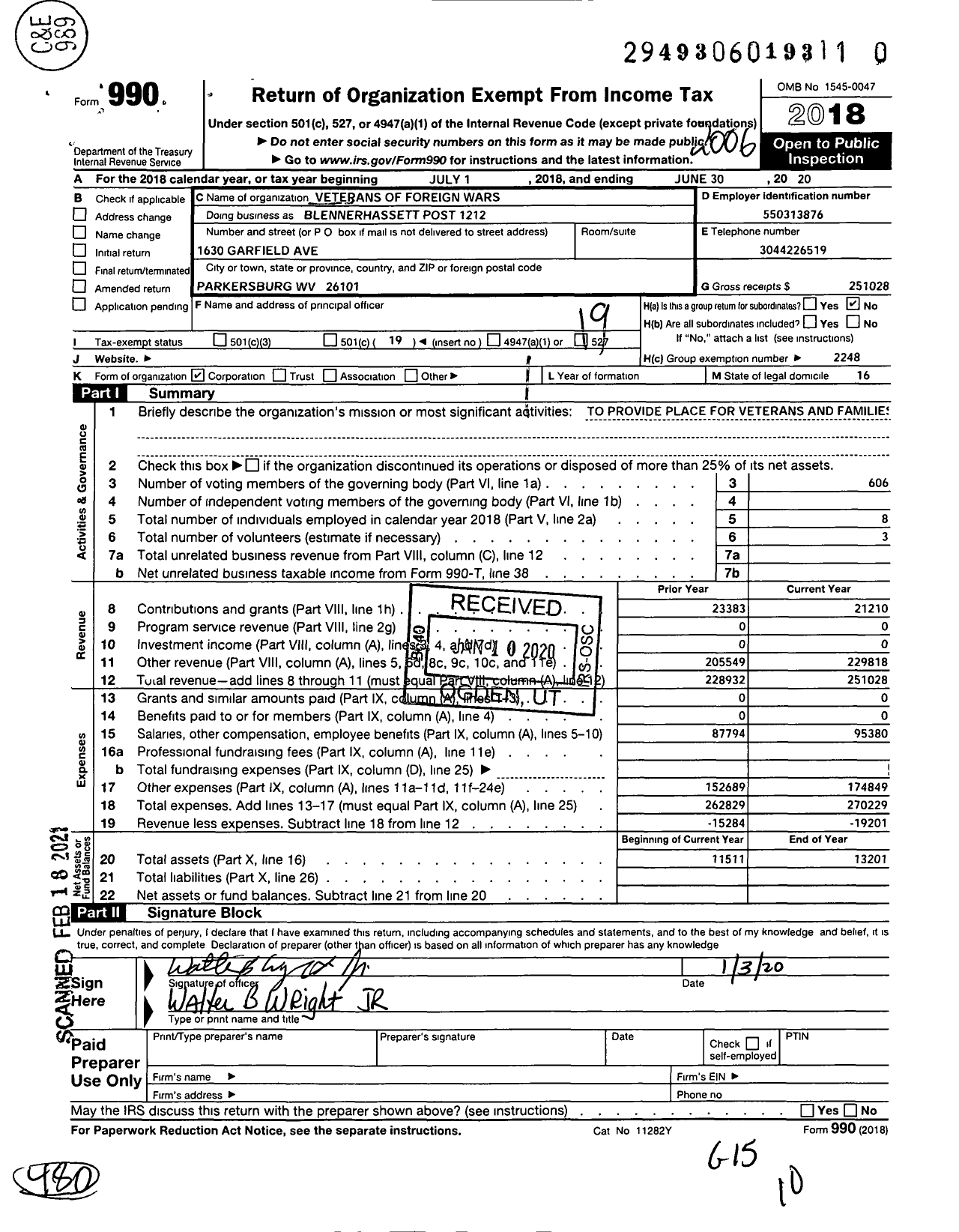 Image of first page of 2019 Form 990O for Veterans of Foreign Wars Department of West Virginia - Blennerhassett Post 1212