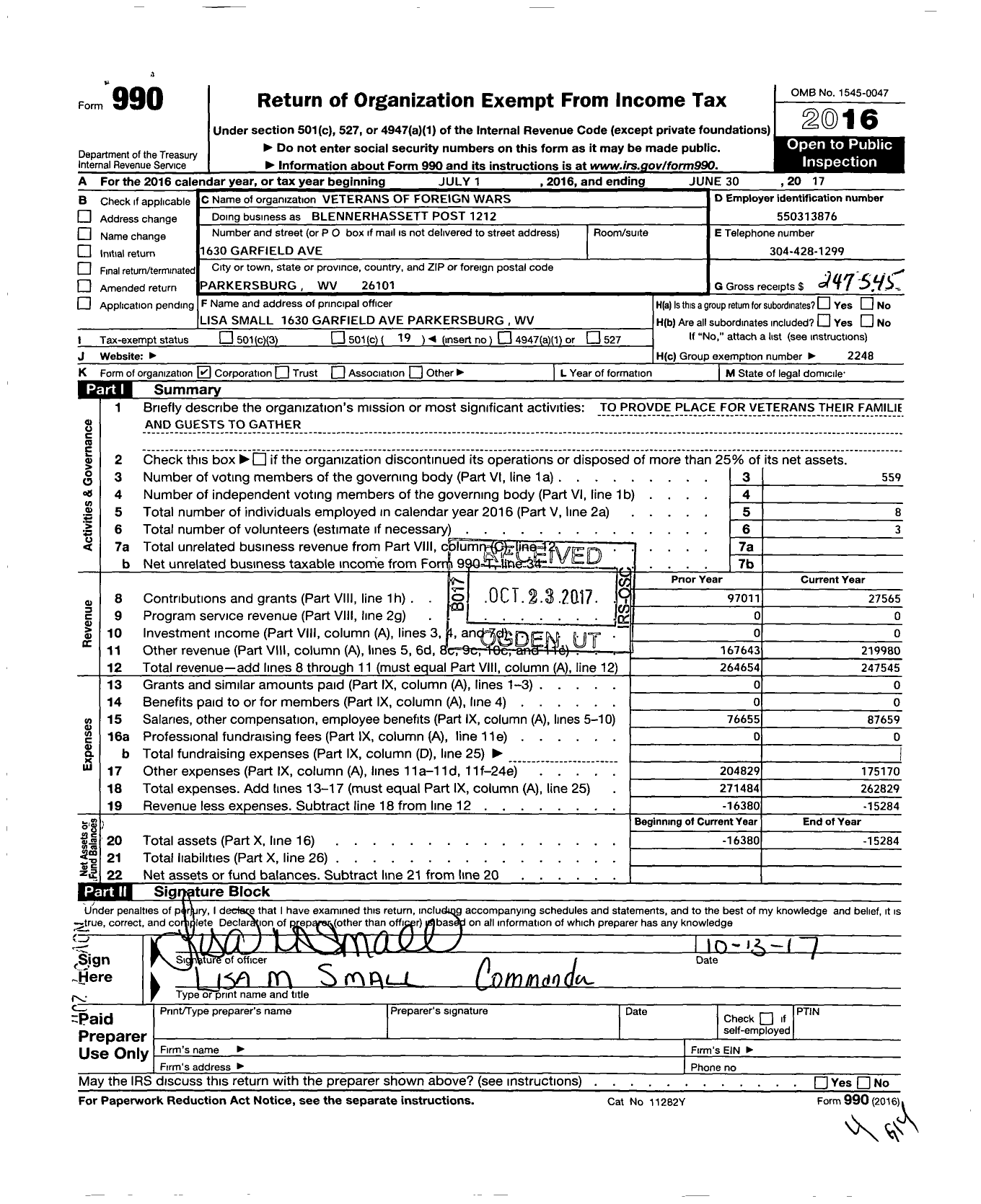 Image of first page of 2016 Form 990O for Veterans of Foreign Wars Department of West Virginia - Blennerhassett Post 1212