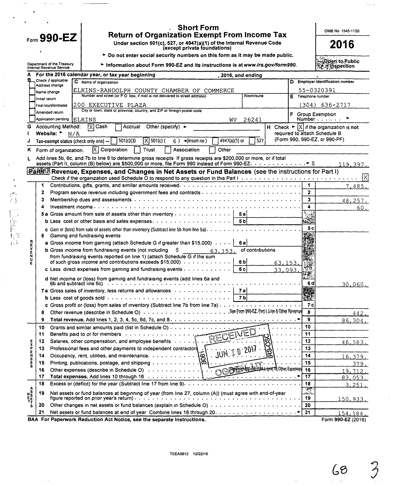 Image of first page of 2016 Form 990EO for Elkins-Randolph County Chamber of Commerce