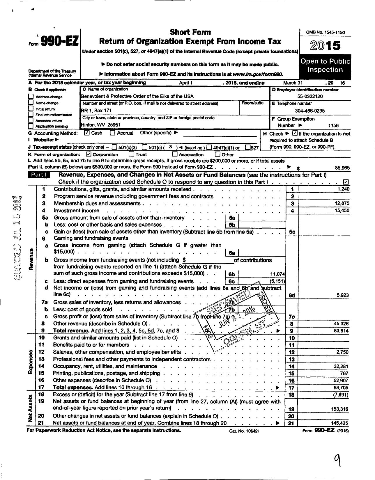 Image of first page of 2015 Form 990EO for Benevolent and Protective Order of Elks - 821 Hinton