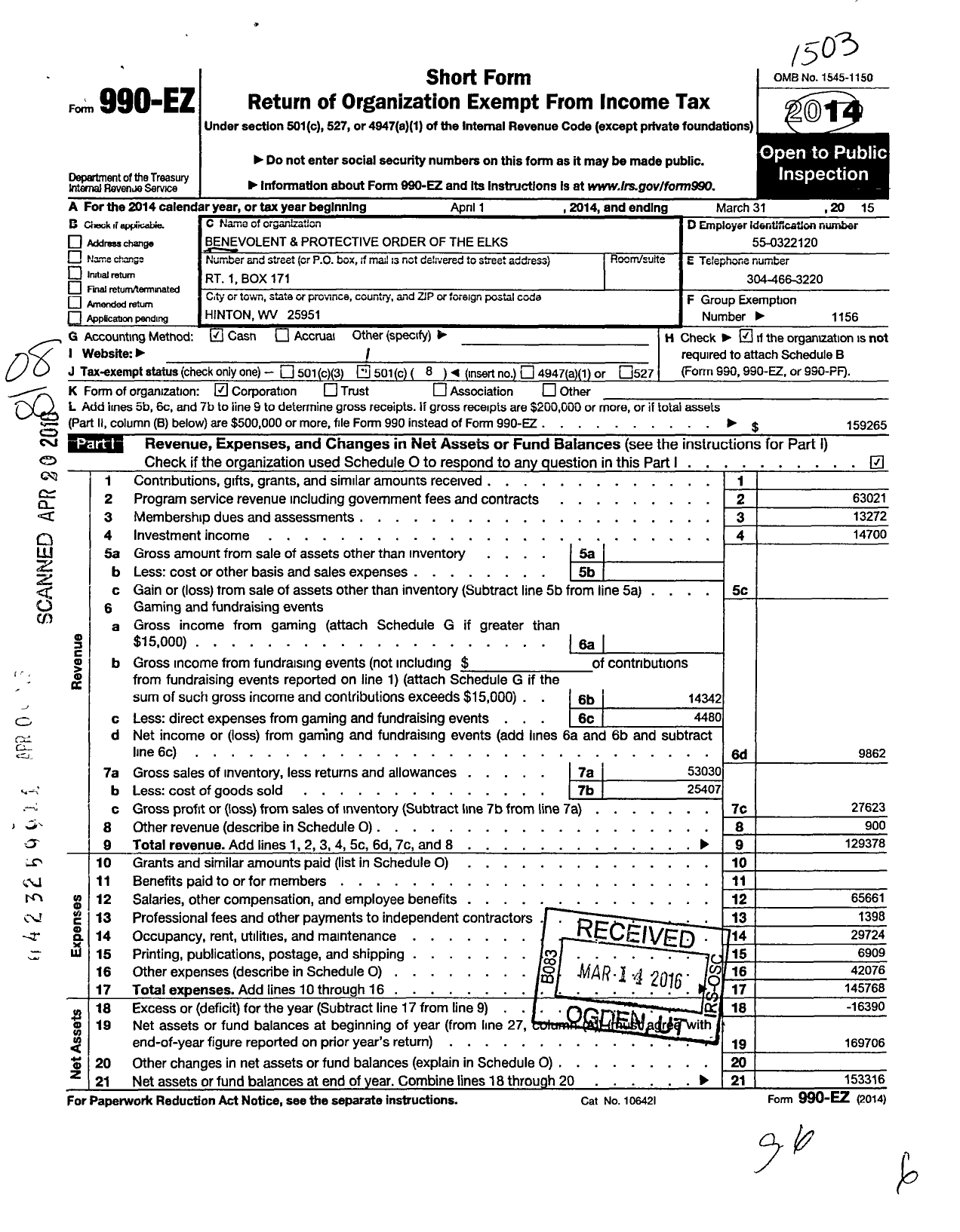 Image of first page of 2014 Form 990EO for Benevolent and Protective Order of Elks - 821 Hinton