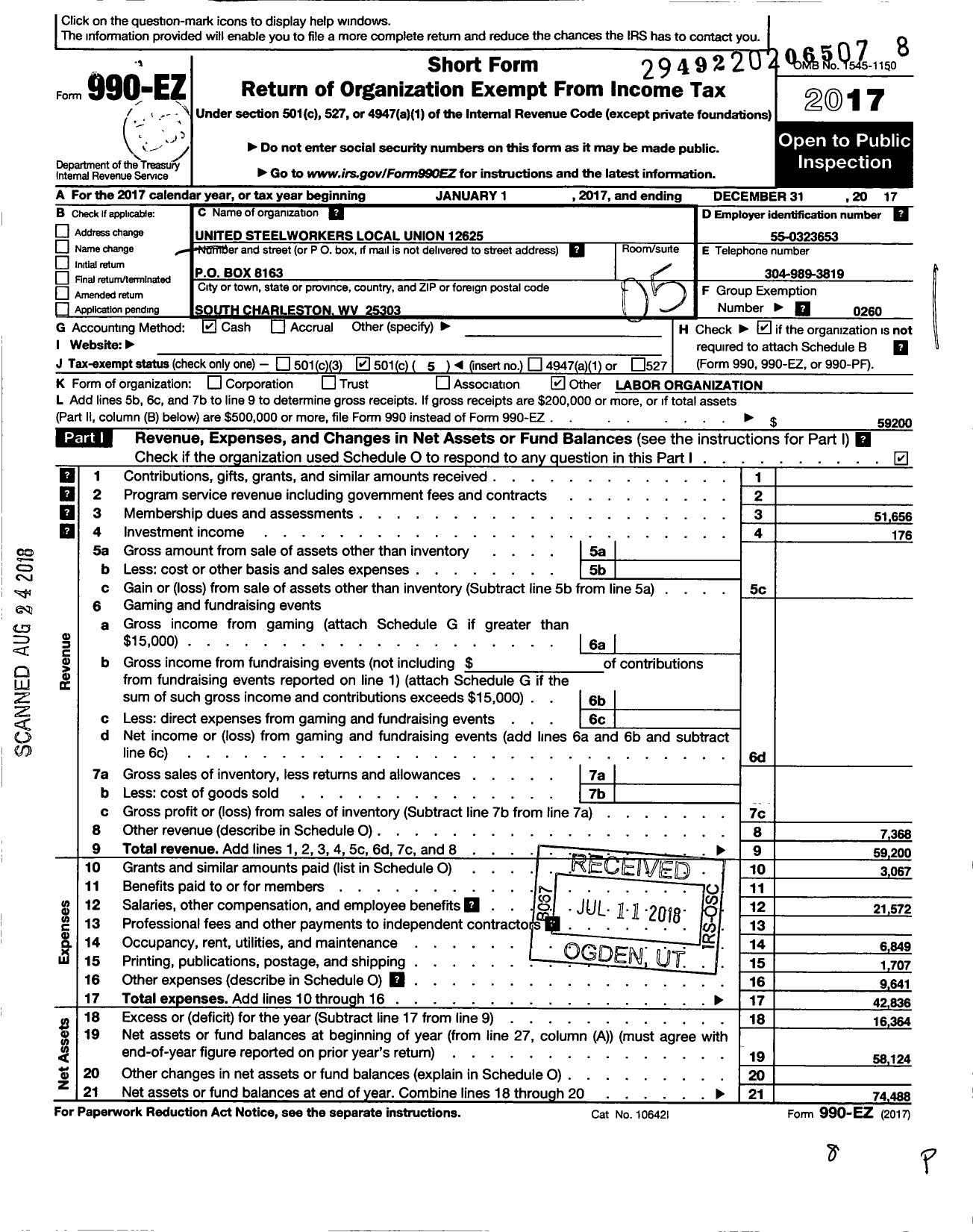 Image of first page of 2017 Form 990EO for United Steelworkers - 12625 Local