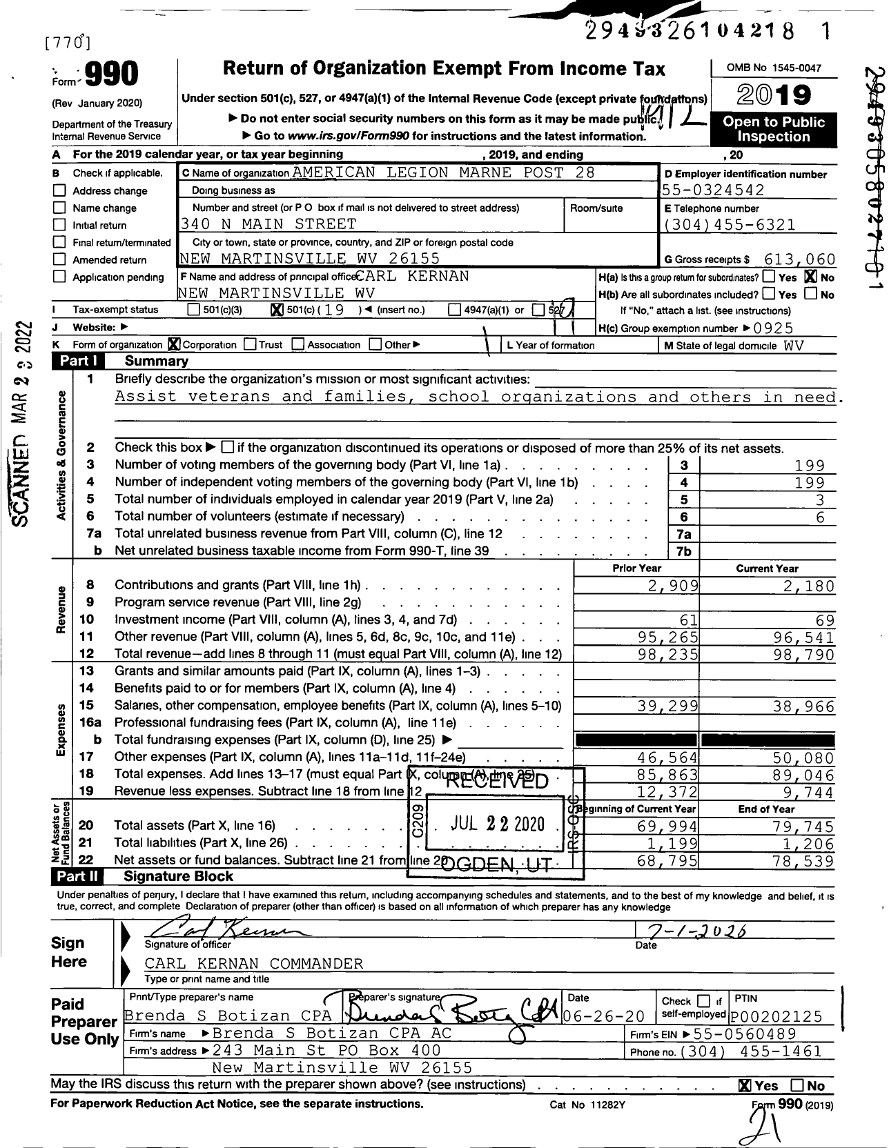 Image of first page of 2019 Form 990O for American Legion - 28 Marne Post