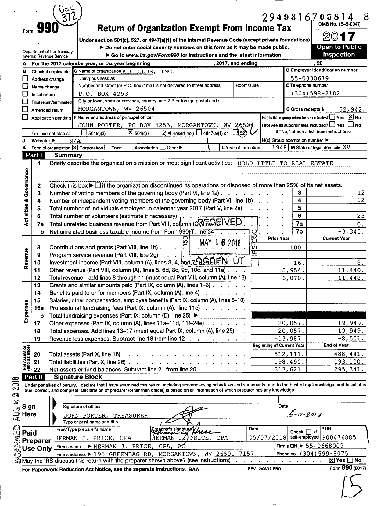 Image of first page of 2017 Form 990O for K C Club