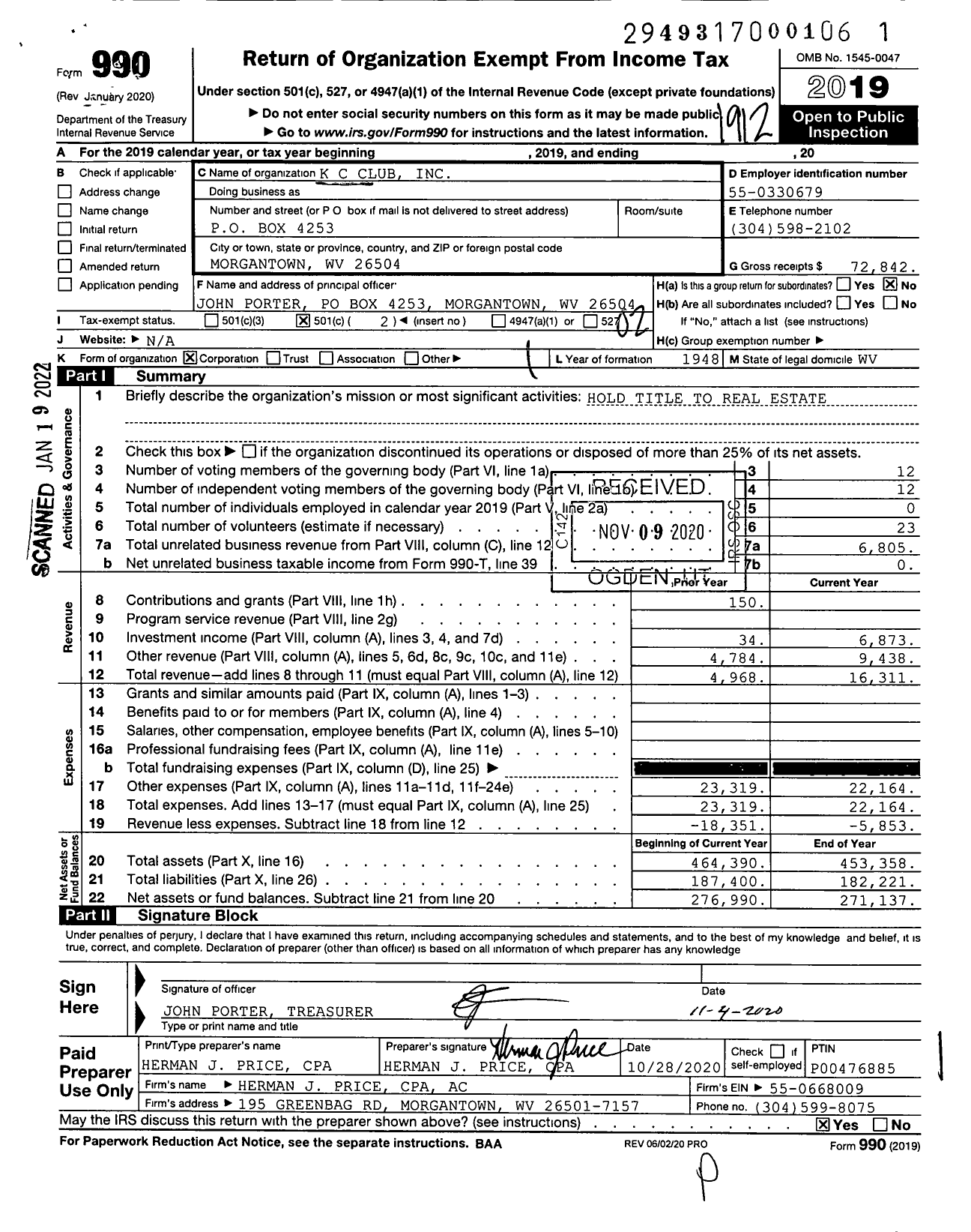 Image of first page of 2019 Form 990O for K C Club