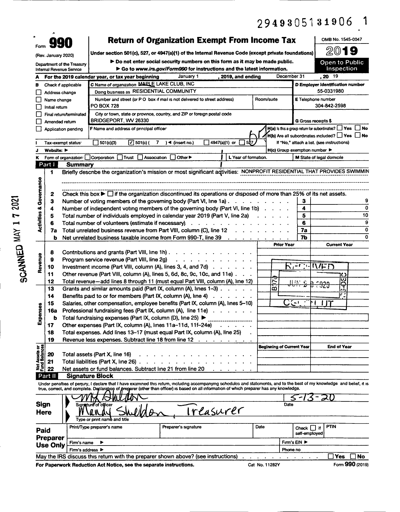 Image of first page of 2019 Form 990O for Maple Lake Club