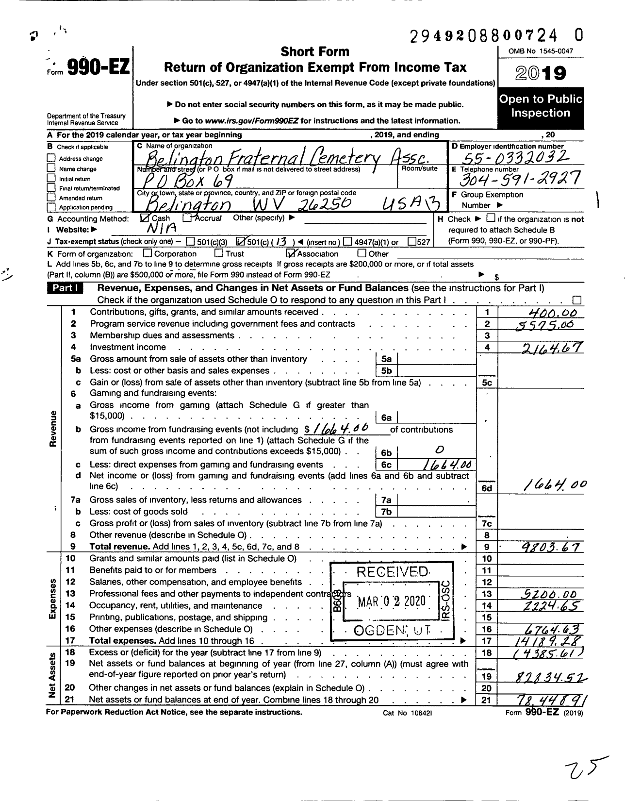 Image of first page of 2019 Form 990EO for Belington Fraternal Cemetery Association