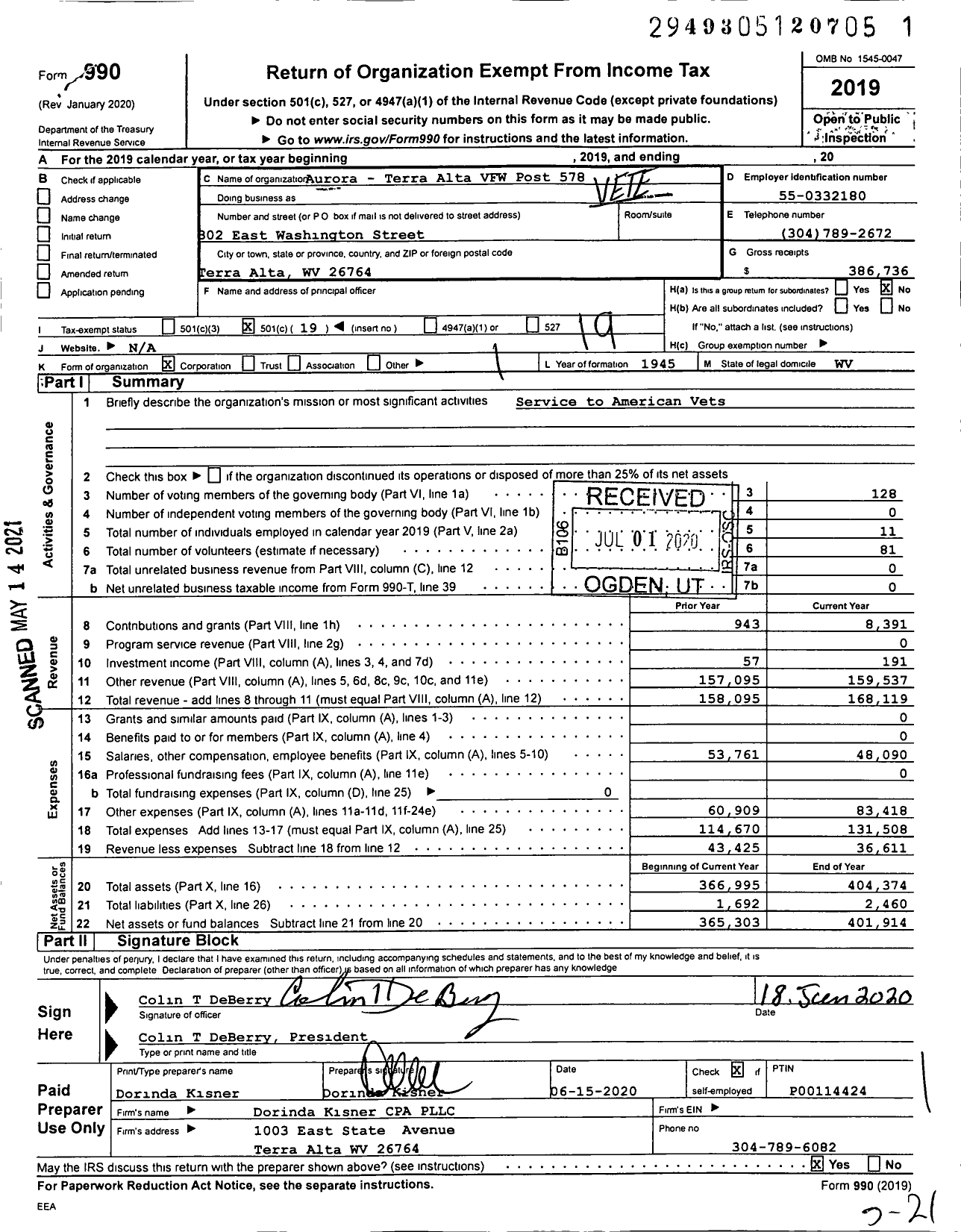 Image of first page of 2019 Form 990O for Veterans of Foreign Wars Department of West Virginia - 578 Post