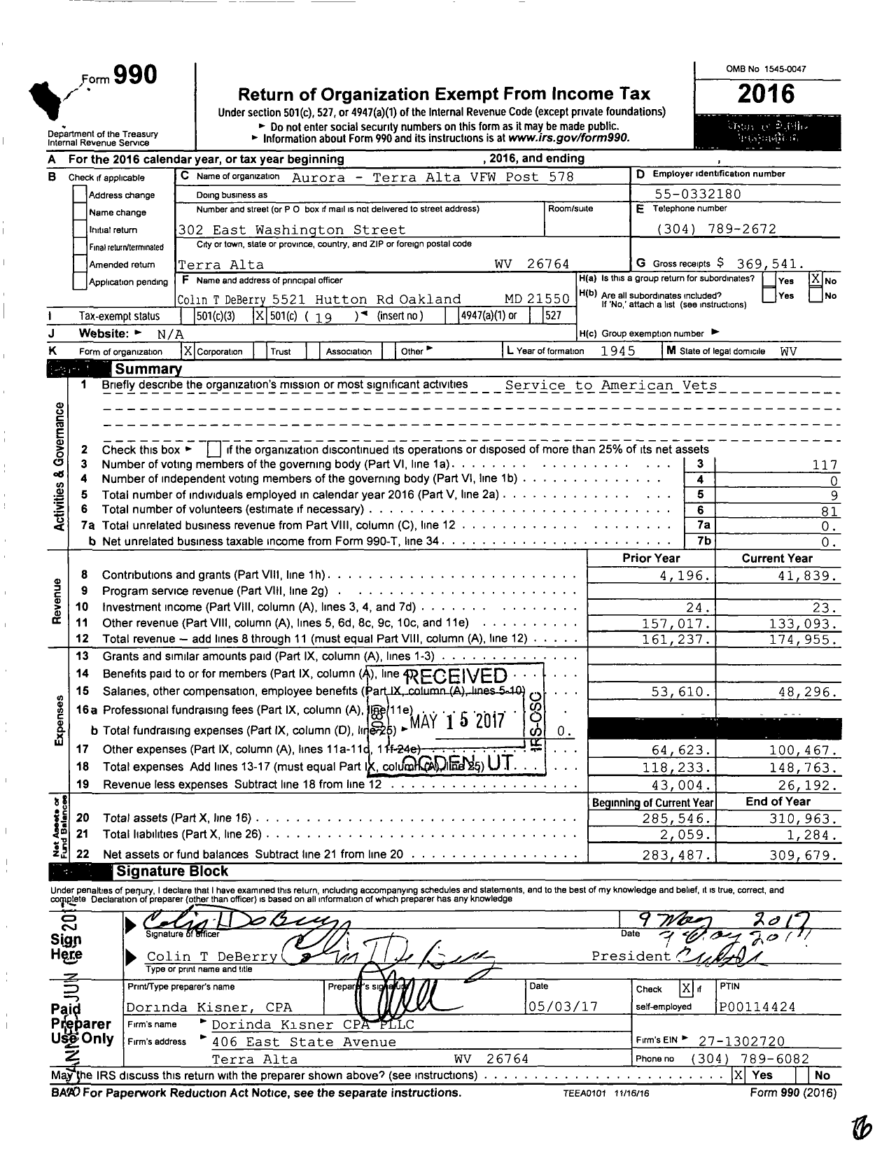Image of first page of 2016 Form 990O for Veterans of Foreign Wars Department of West Virginia - 578 Post