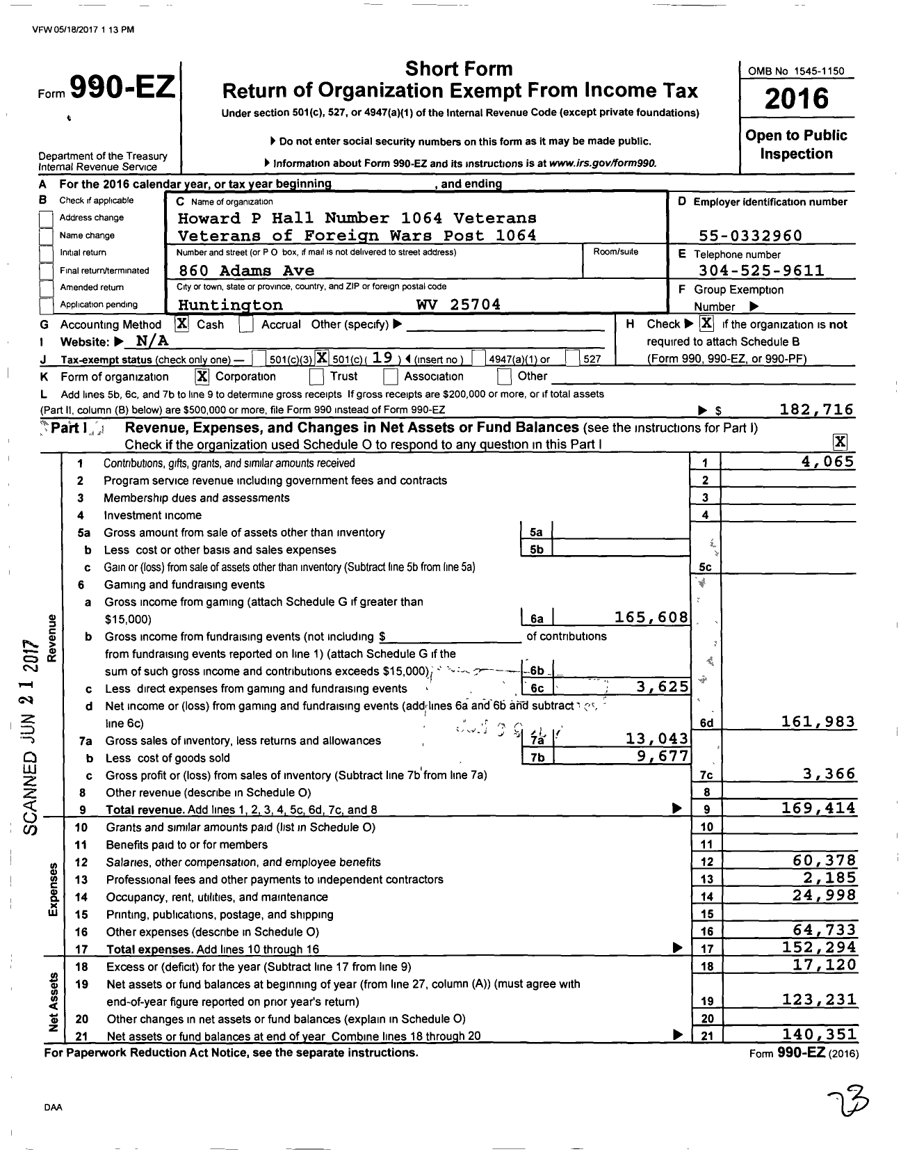 Image of first page of 2016 Form 990EO for Veterans of Foreign Wars Department of West Virginia / 1064 V F W