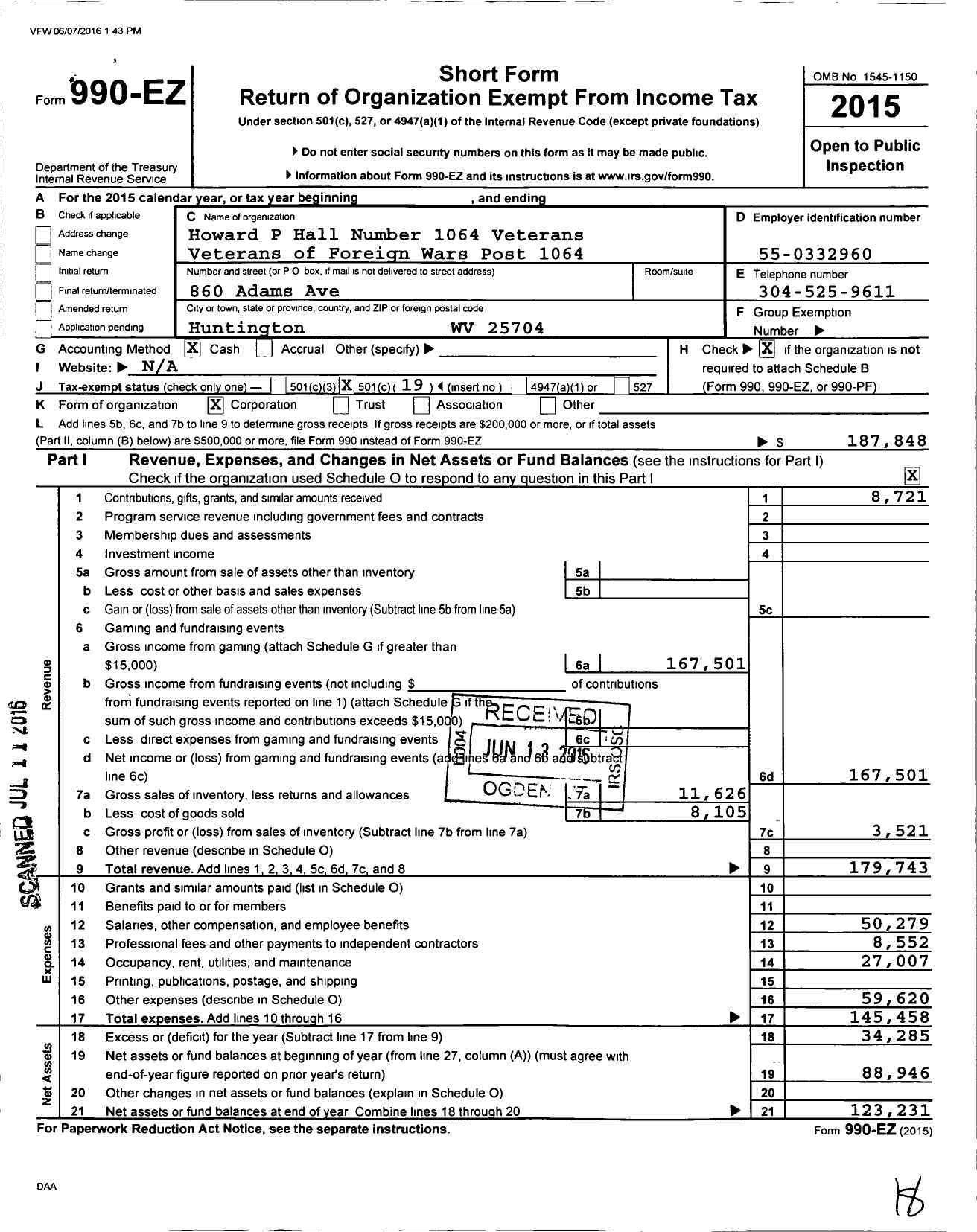 Image of first page of 2015 Form 990EO for Veterans of Foreign Wars Department of West Virginia / 1064 V F W