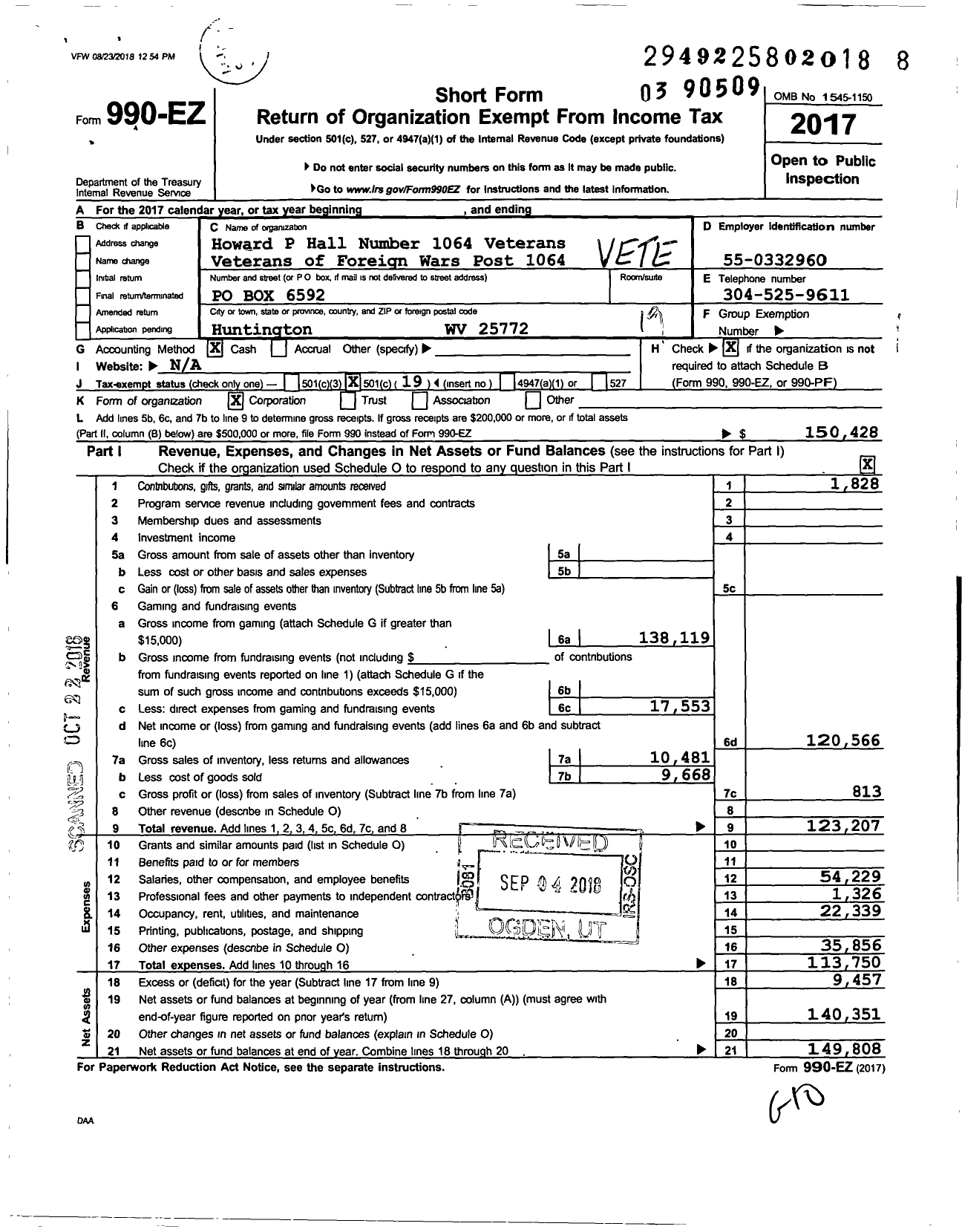 Image of first page of 2017 Form 990EO for Veterans of Foreign Wars Department of West Virginia / 1064 V F W