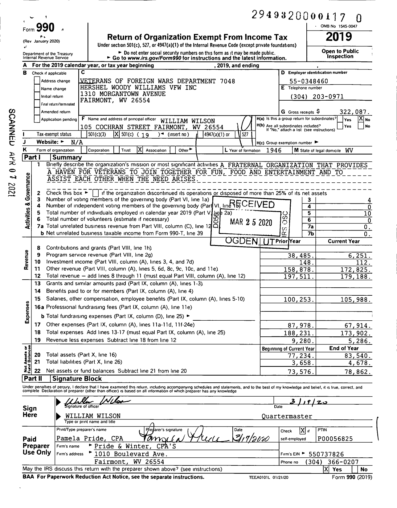 Image of first page of 2019 Form 990O for Veterans of Foreign Wars Department of West Virginia - 7048 Hershel Woody Williams VFW