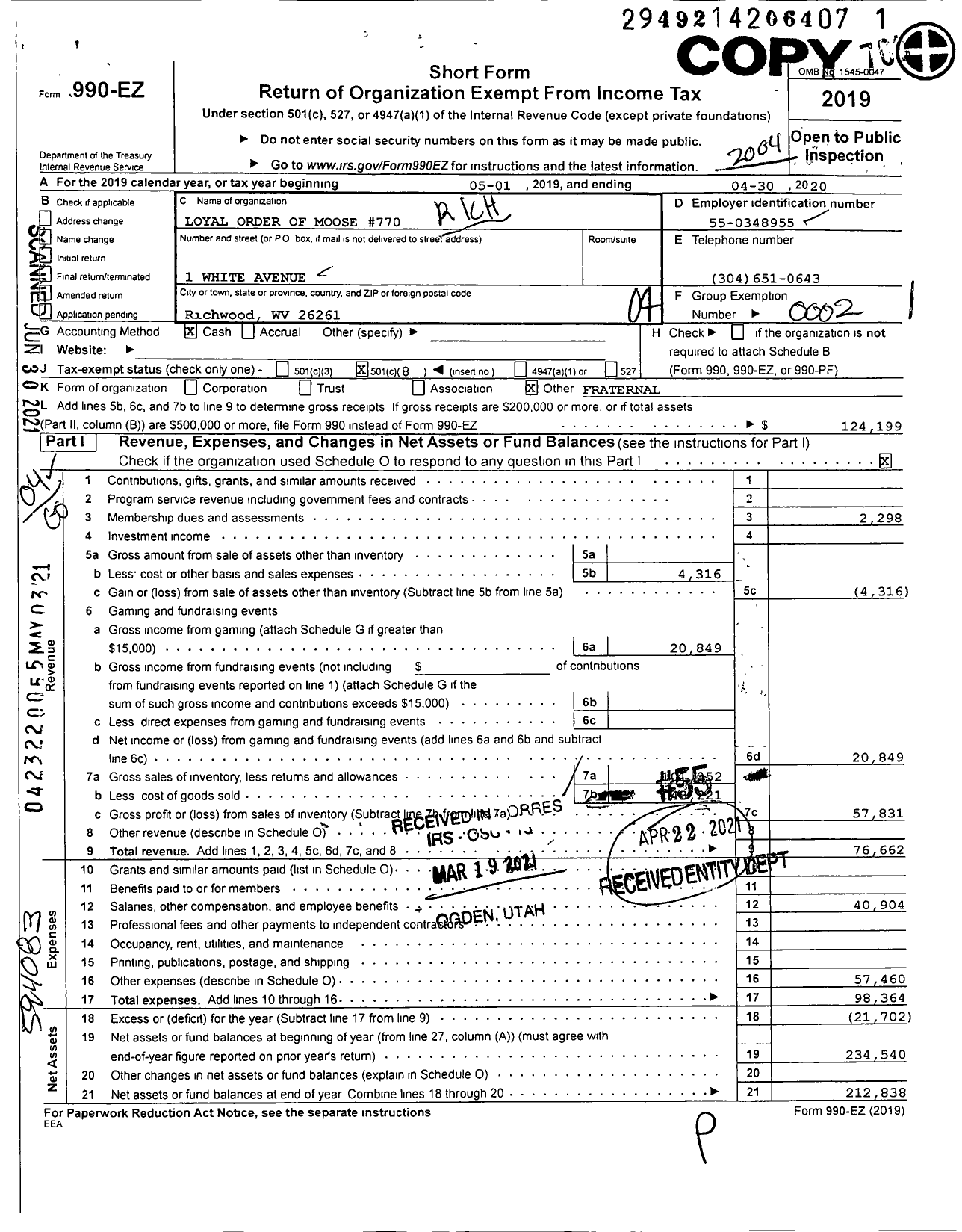 Image of first page of 2019 Form 990EO for Loyal Order of Moose - 770