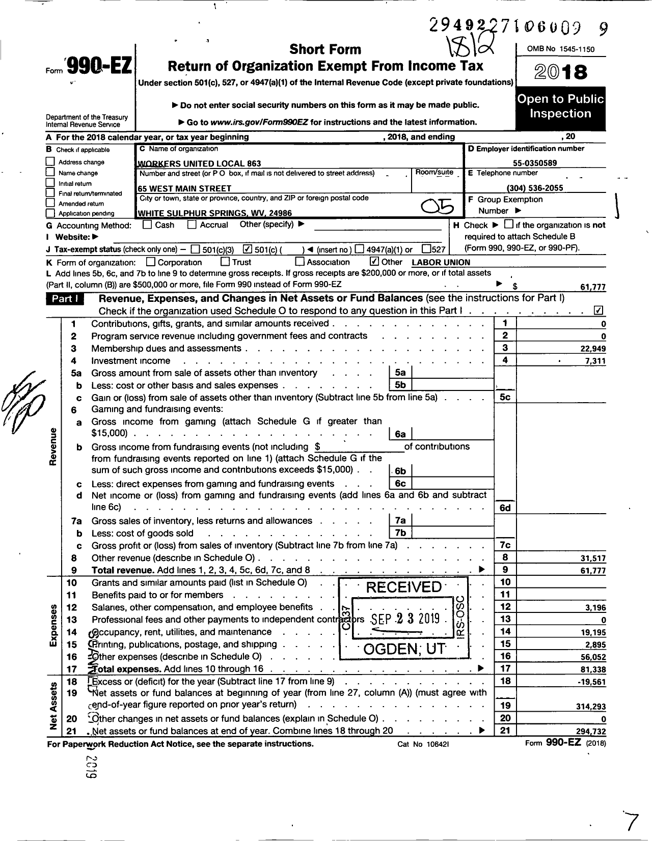 Image of first page of 2018 Form 990EO for Workers United - 863 Local