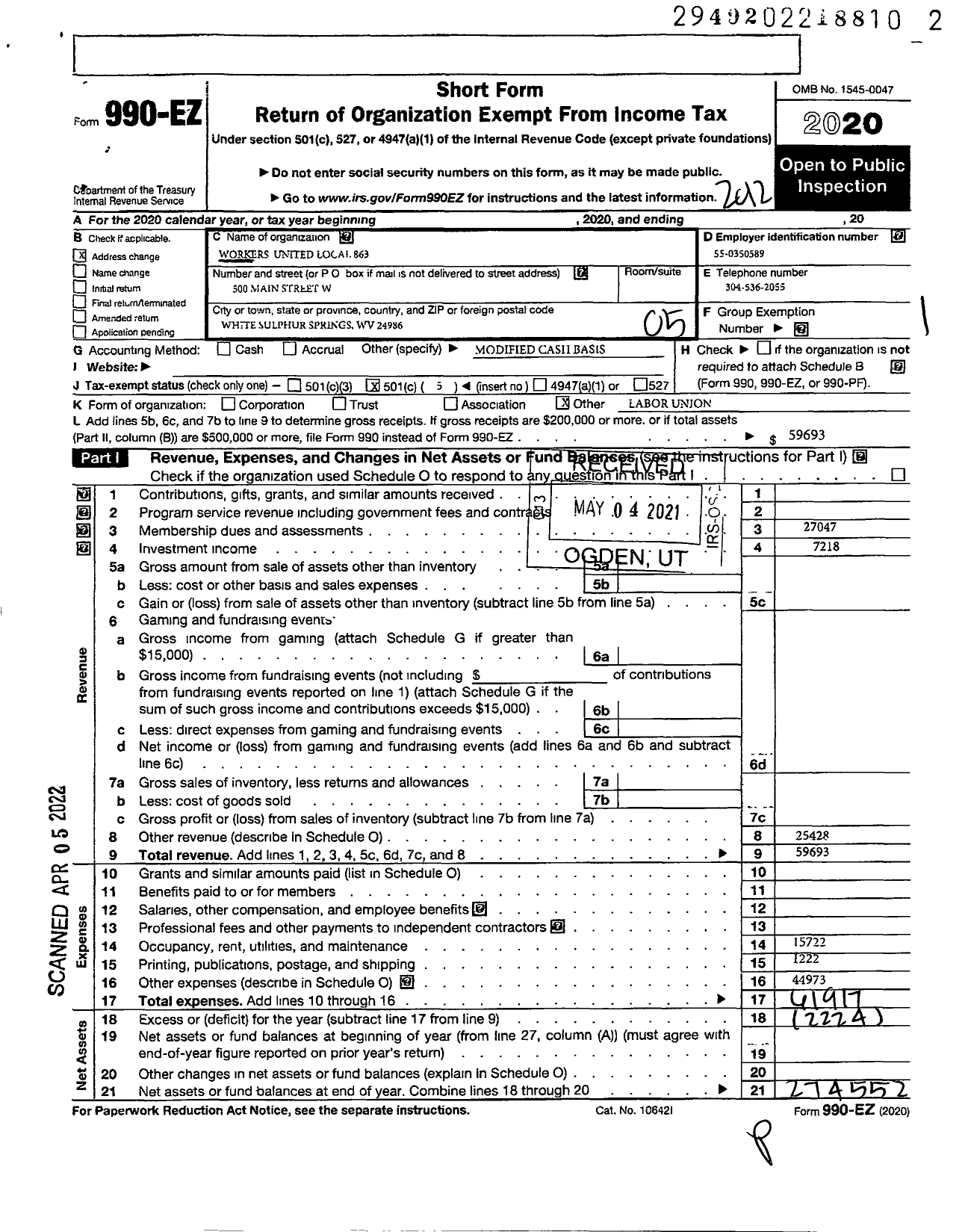 Image of first page of 2020 Form 990EO for Workers United - 863 Local