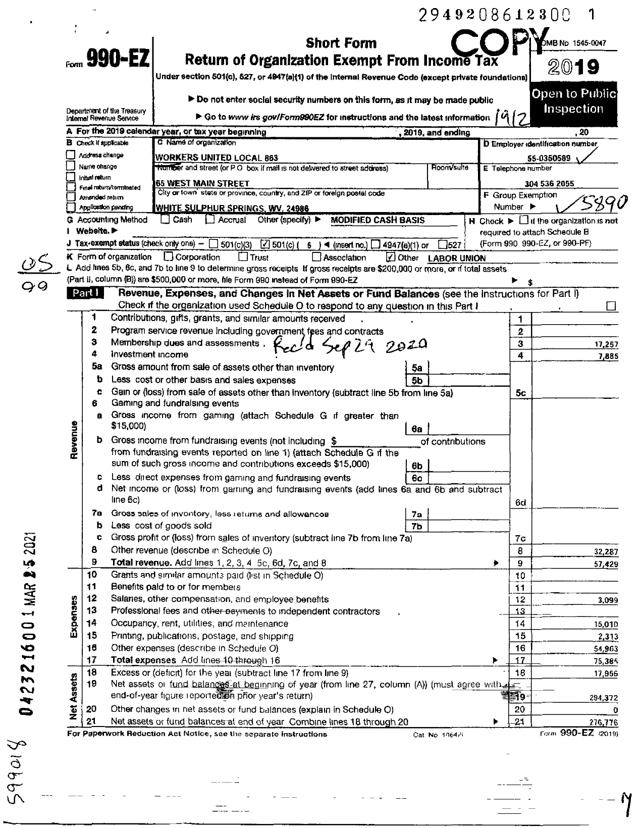 Image of first page of 2019 Form 990EO for Workers United - 863 Local