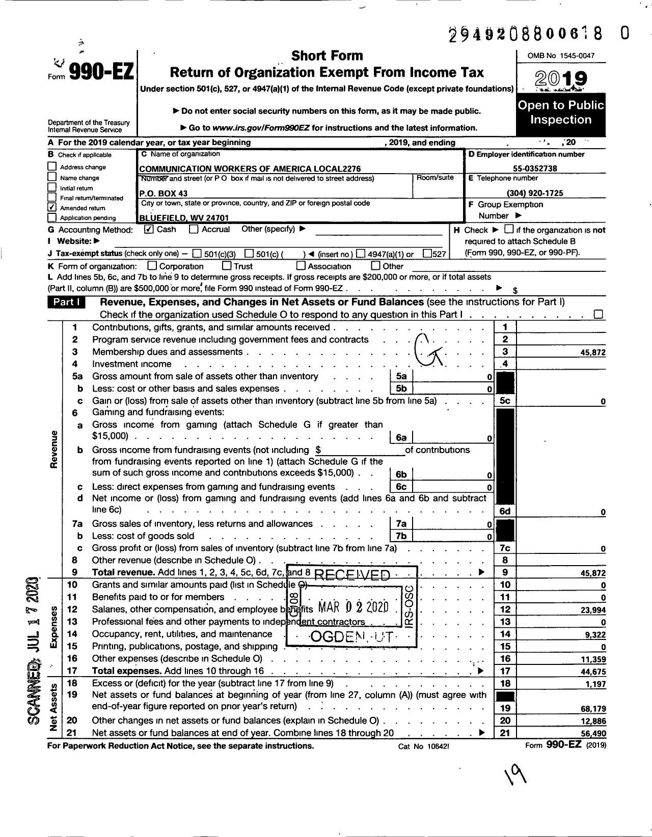 Image of first page of 2019 Form 990EO for Communications Workers of America - 2276 Local