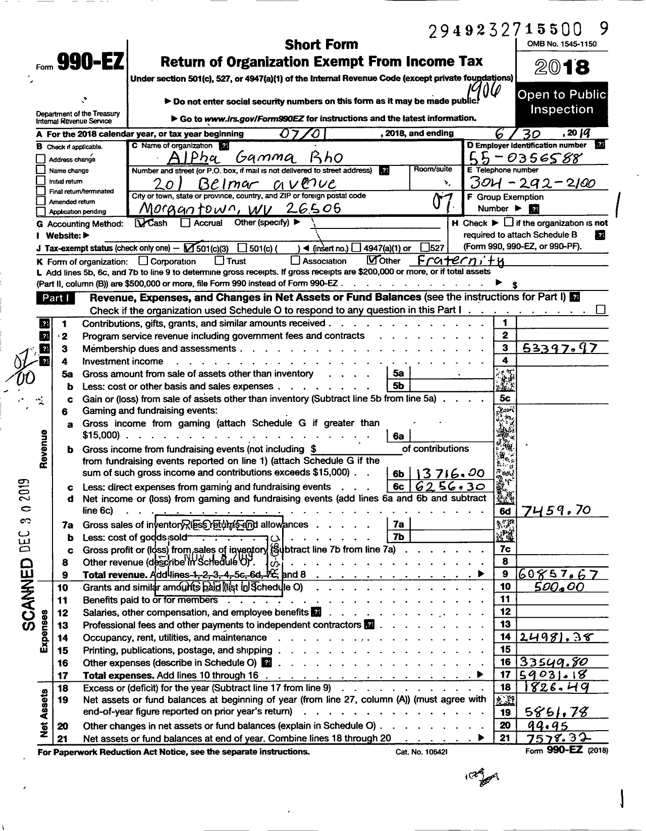 Image of first page of 2018 Form 990EO for Alpha Gamma Rho Fraternity - Alpha Alpha Chapter
