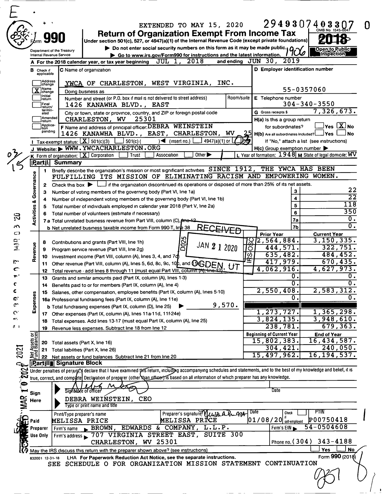 Image of first page of 2018 Form 990 for Ywca of Charleston West Virginia
