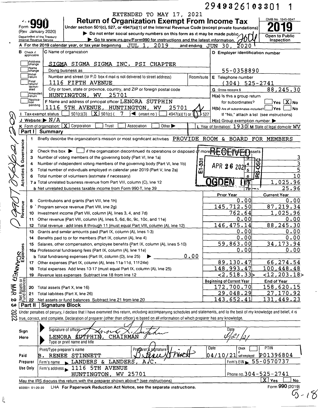 Image of first page of 2019 Form 990O for Sigma Sigma Sigma Psi Chapter