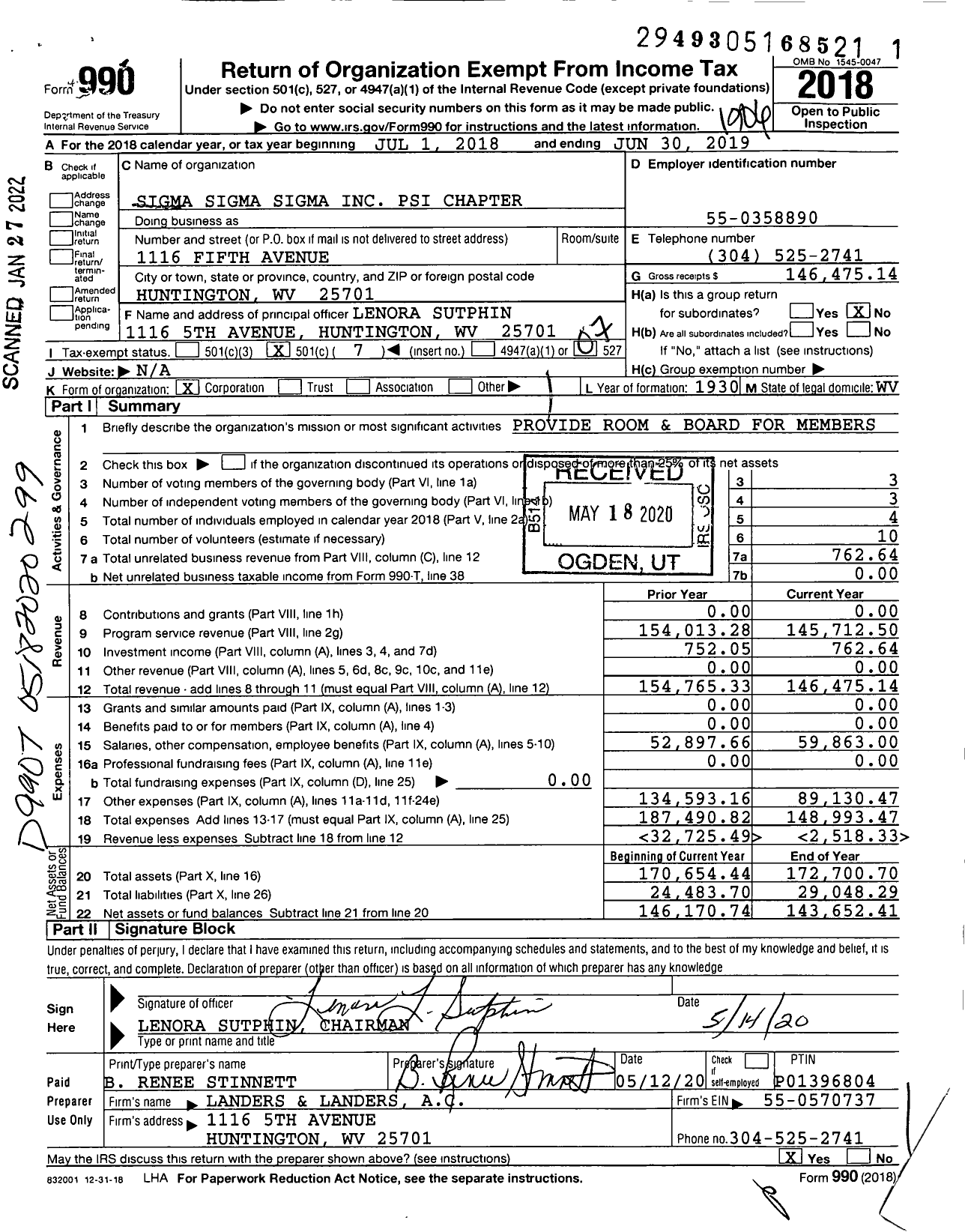 Image of first page of 2018 Form 990O for Sigma Sigma Sigma Psi Chapter