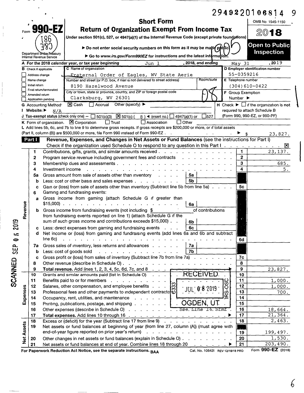 Image of first page of 2018 Form 990EO for Fraternal Order of Eagles - West Virginia State Aerie