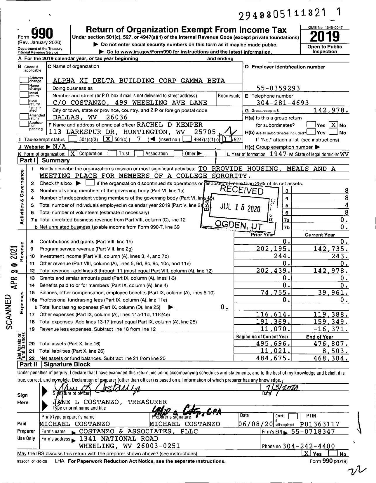 Image of first page of 2019 Form 990O for Alpha Xi Delta Building Corp-Gamma Beta