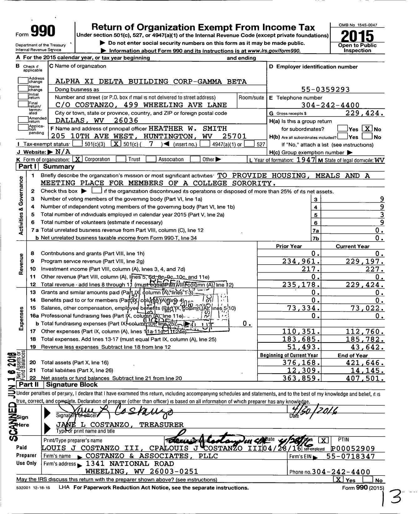 Image of first page of 2015 Form 990O for Alpha Xi Delta Building Corp-Gamma Beta