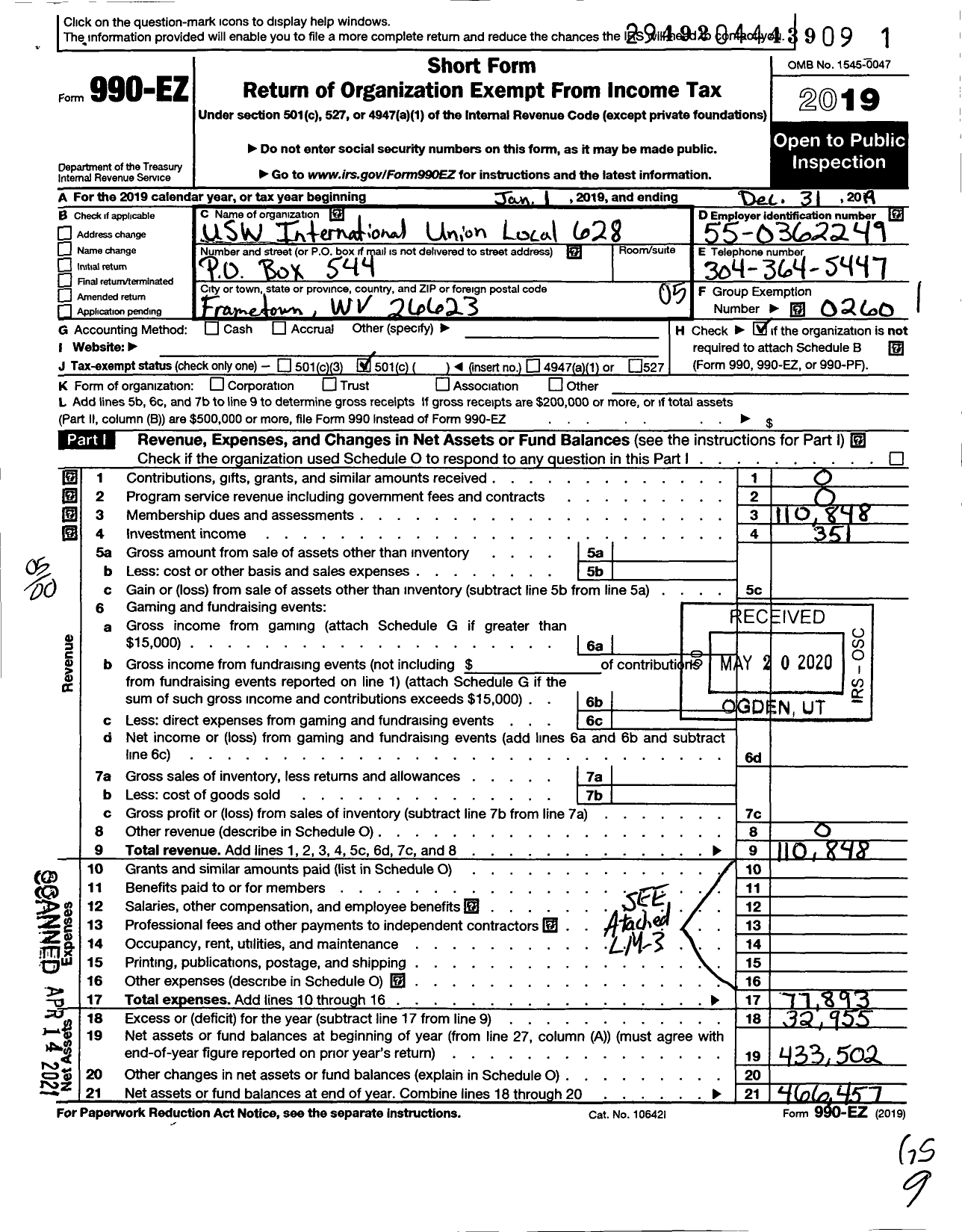 Image of first page of 2019 Form 990EO for United Steelworkers - 00628 Local